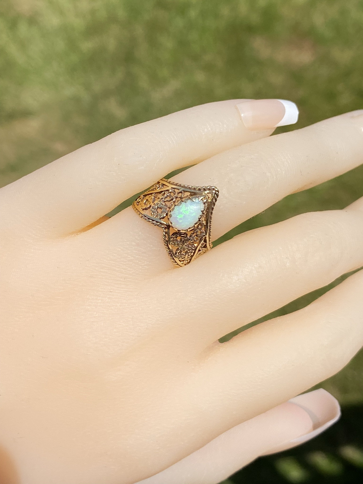 SOLD - The Alta Loma: Mid Century Australian Opal Filigree Ring - Image 10