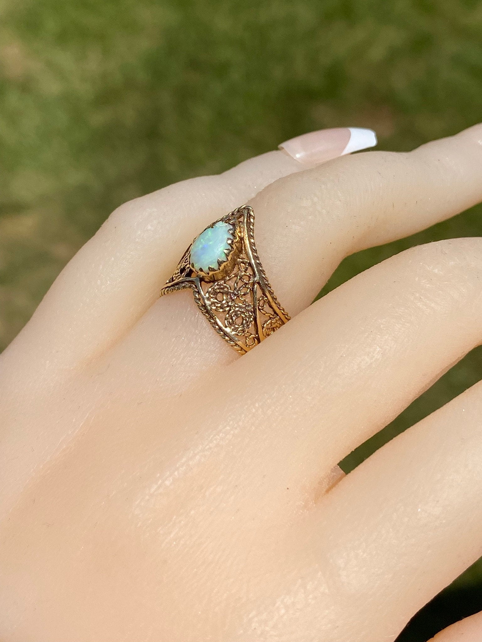 SOLD - The Alta Loma: Mid Century Australian Opal Filigree Ring - Image 9