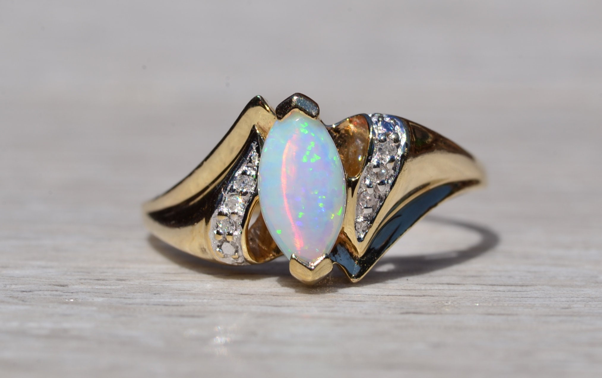 The Cortez: Navette Opal and Diamond Ring in Yellow Gold - Image 7