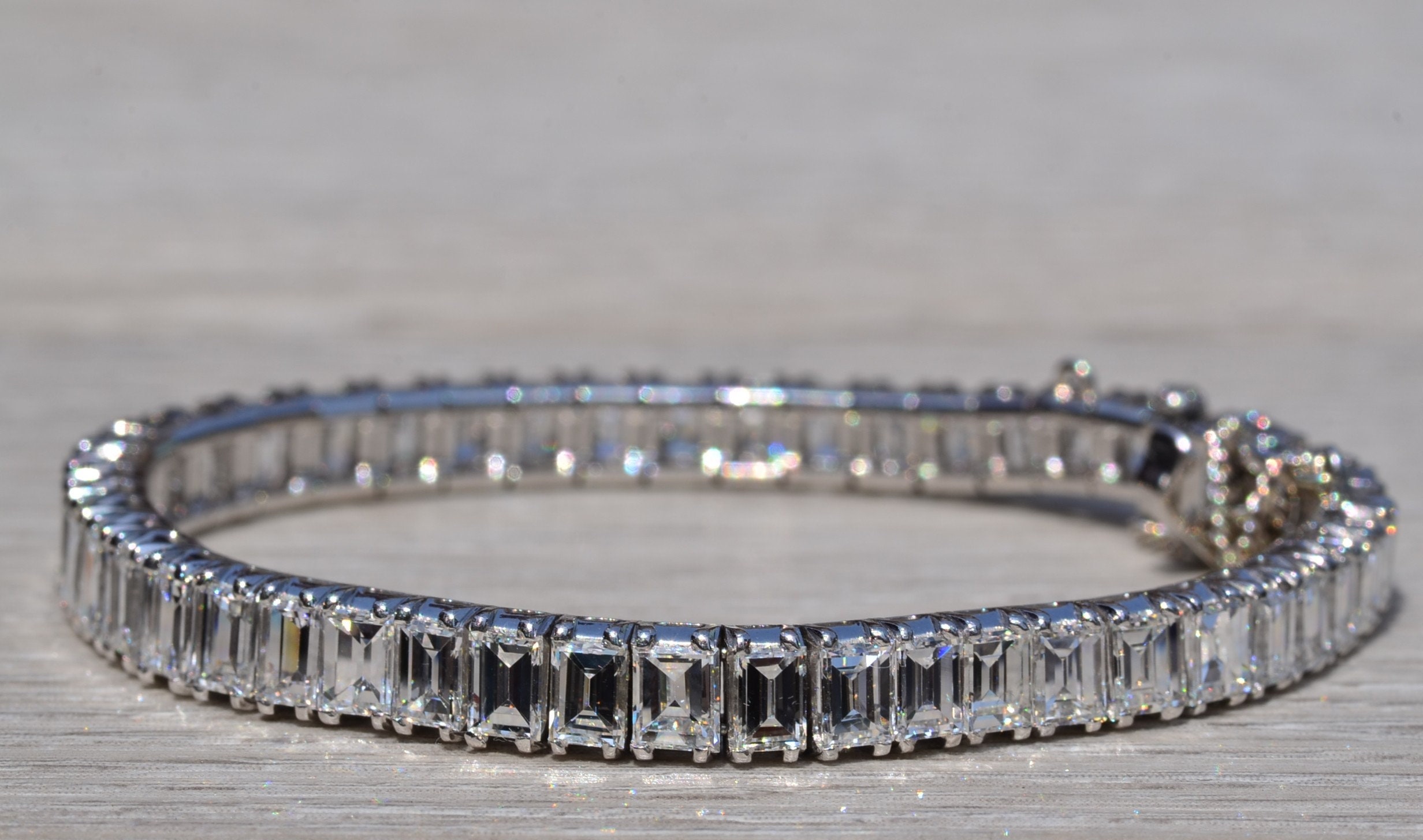 SOLD - The Magnificent: Antique Platinum Tennis Bracelet with Emerald Cut Diamonds - Image 3