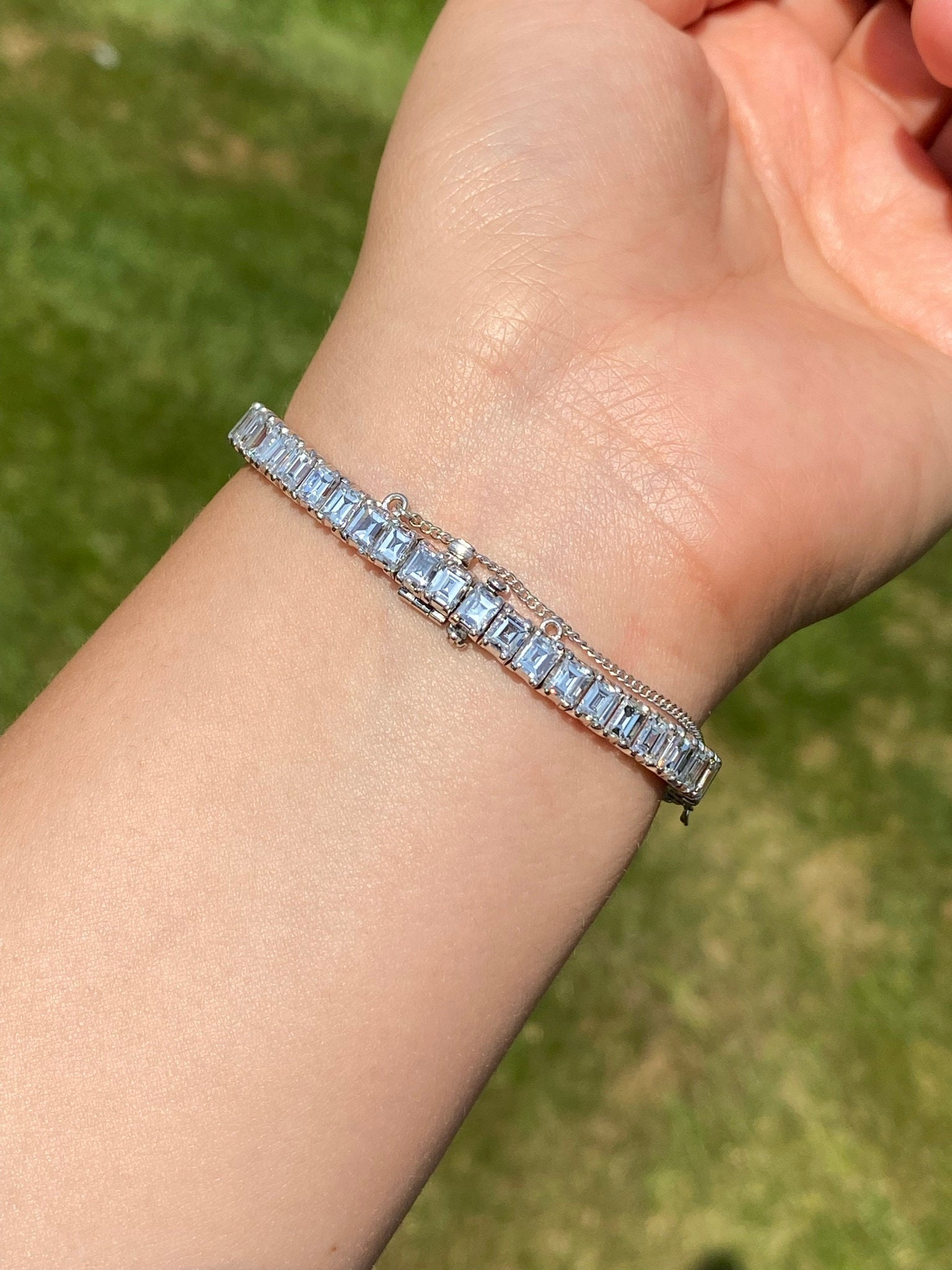 SOLD - The Magnificent: Antique Platinum Tennis Bracelet with Emerald Cut Diamonds - Image 7
