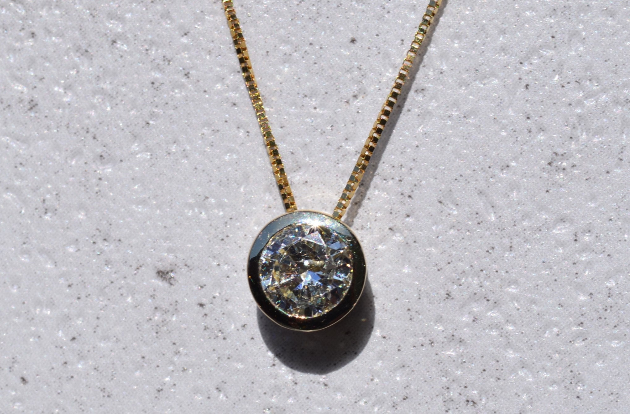 SOLD - The French Camp: Yellow Gold Bezel Set Natural Diamond Solitaire Necklace - Image 2