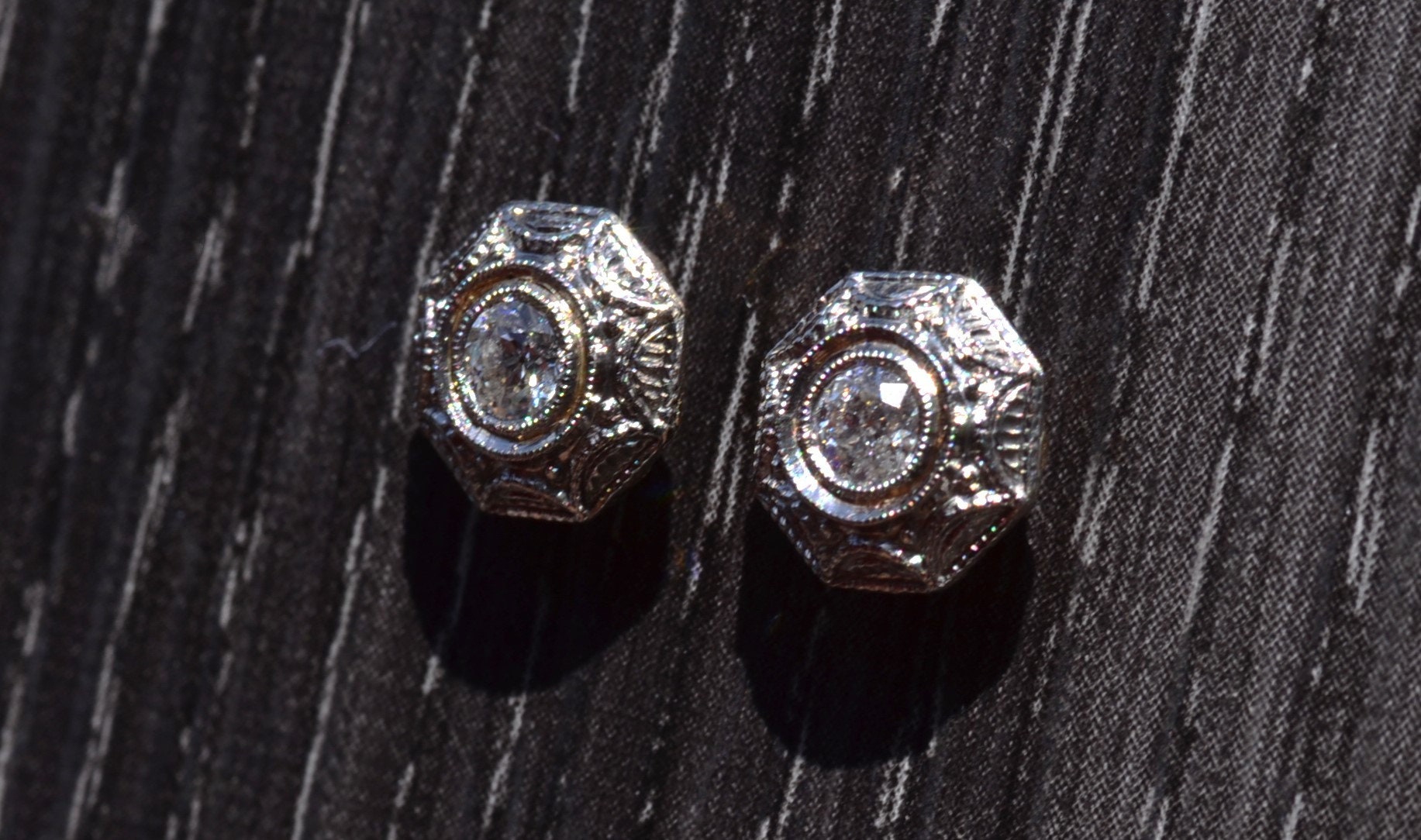 SOLD - The Kennedy: Antique Two Tone Natural Diamond Stud Earrings - Image 3
