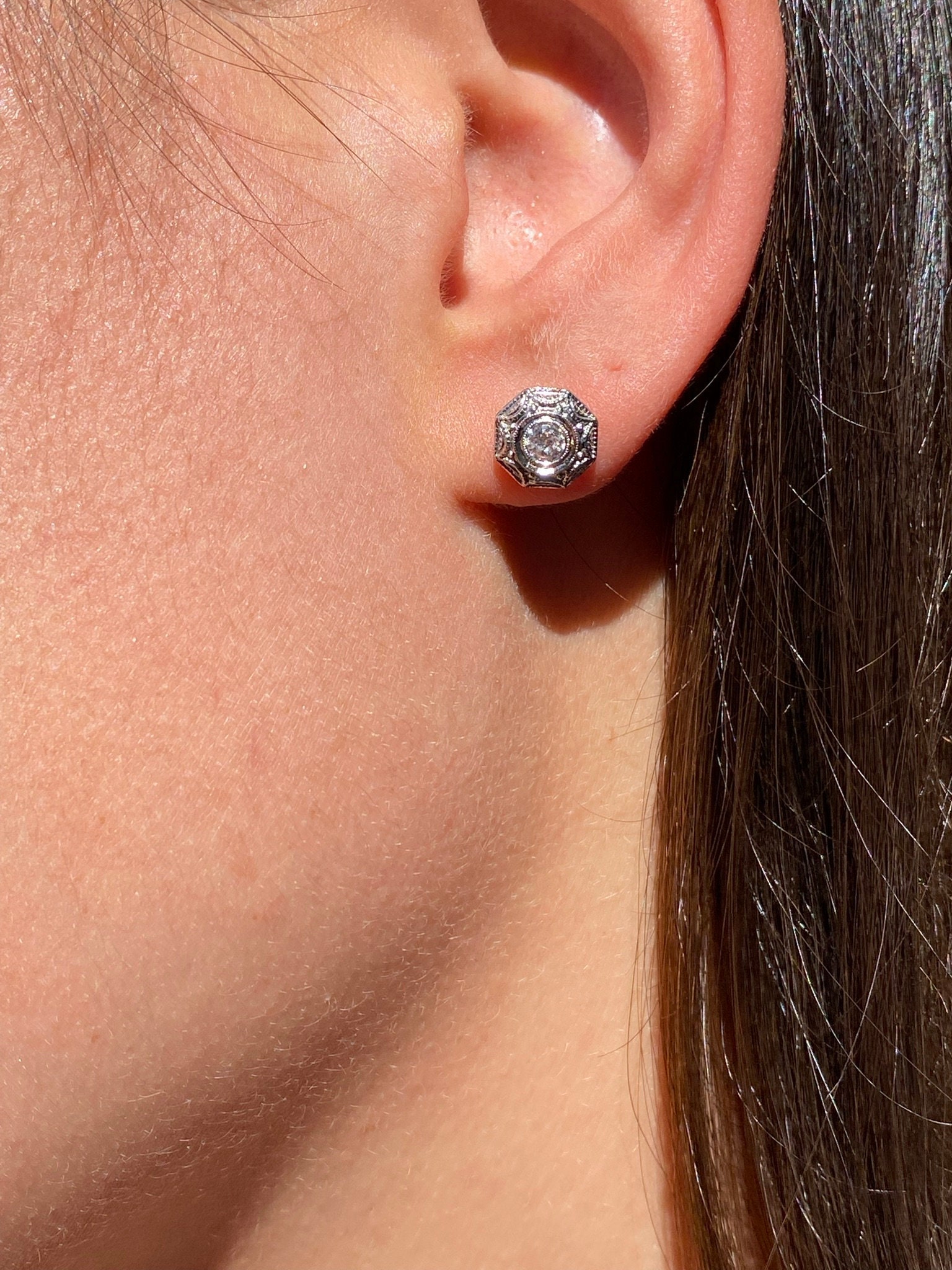 SOLD - The Kennedy: Antique Two Tone Natural Diamond Stud Earrings - Image 4