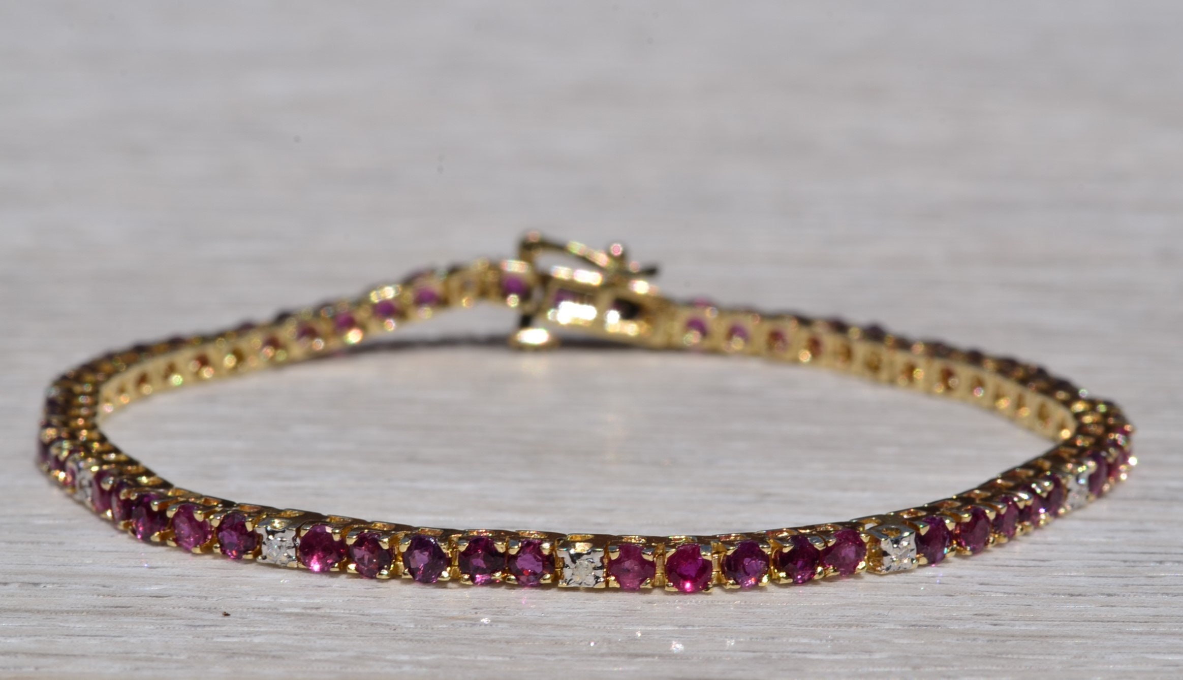 SOLD - The Tiburon: Natural Ruby and Diamond Tennis Bracelet in Yellow Gold - Image 2