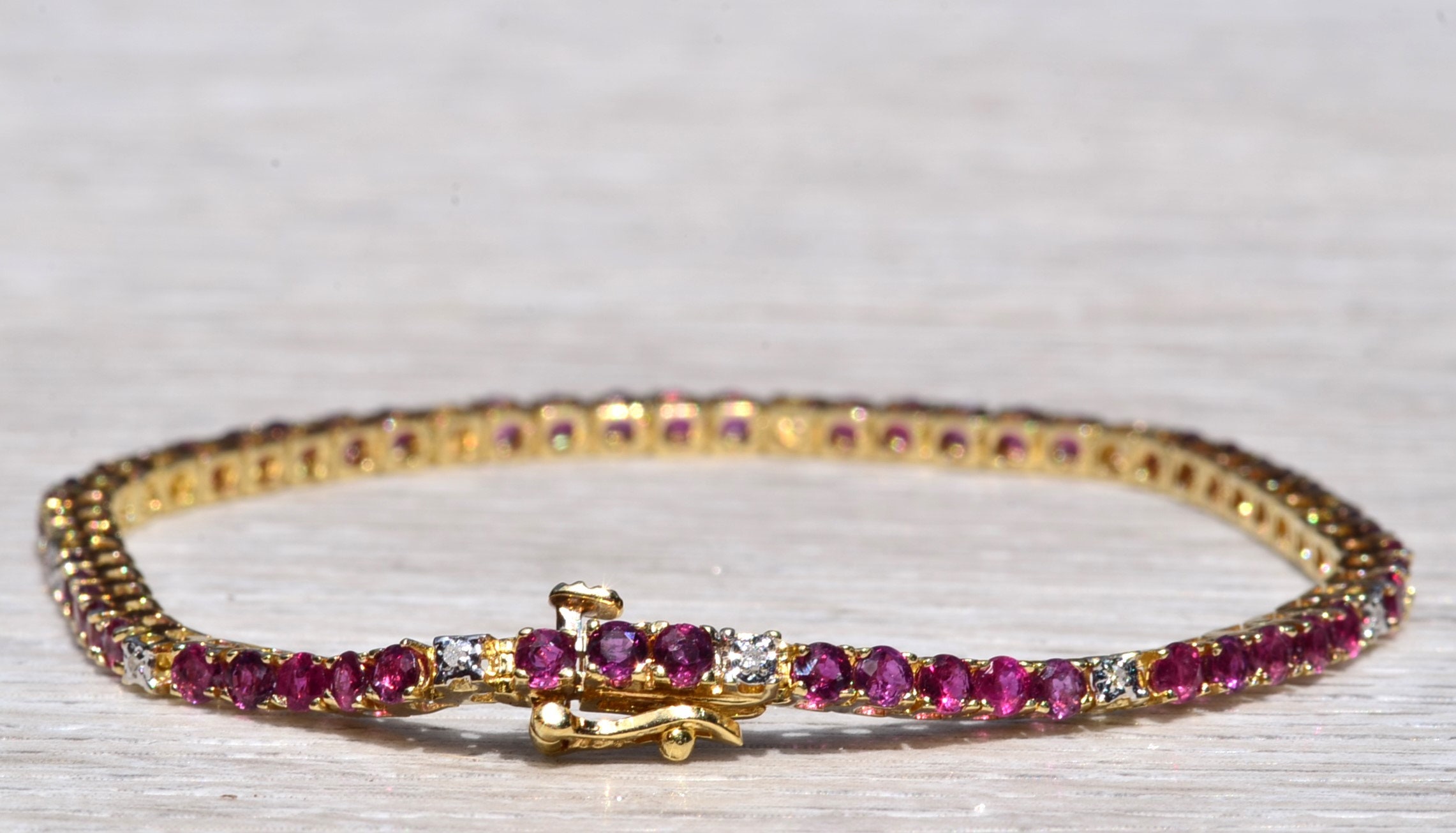 SOLD - The Tiburon: Natural Ruby and Diamond Tennis Bracelet in Yellow Gold - Image 4