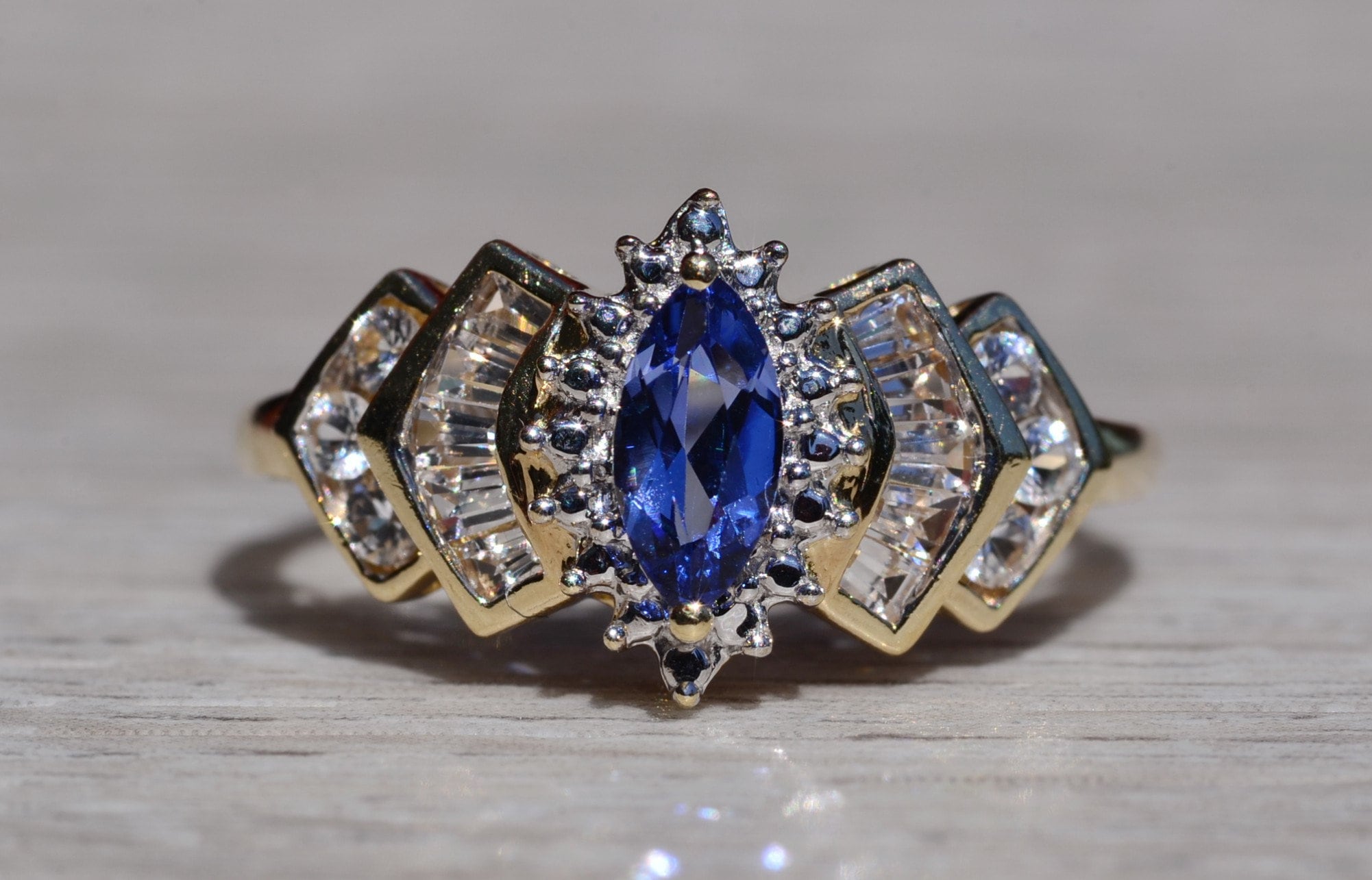 SOLD - The Laddonia: Ladies Yellow Gold Tanzanite and White Topaz Ring - Image 2
