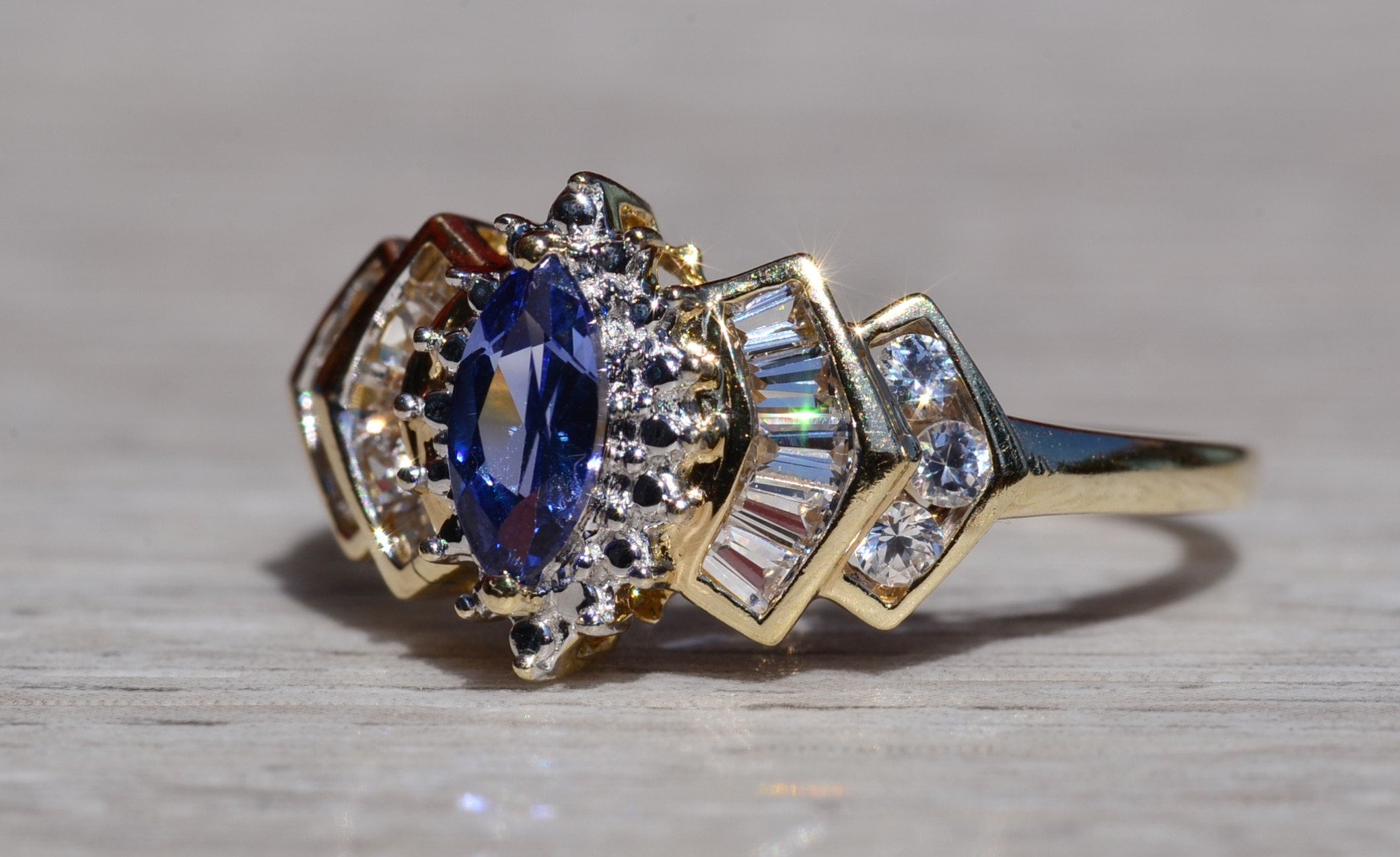SOLD - The Laddonia: Ladies Yellow Gold Tanzanite and White Topaz Ring - Image 3