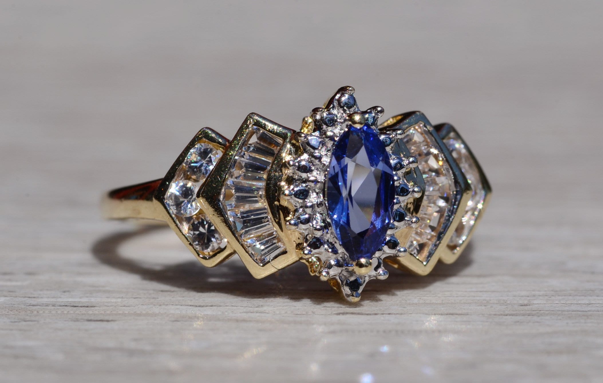 SOLD - The Laddonia: Ladies Yellow Gold Tanzanite and White Topaz Ring - Image 6