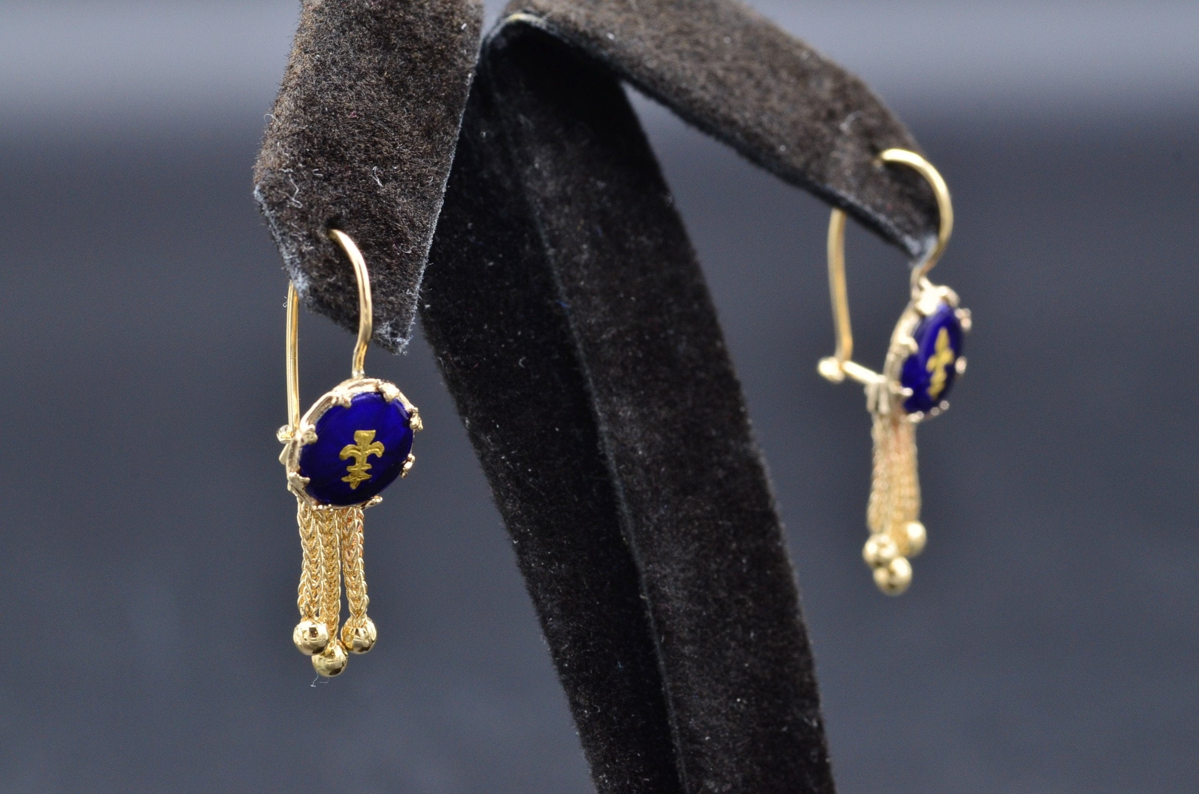 SOLD - The Rocheports: Ladies 14K Gold Enameled Fleur de Lis Tassel Earrings - Image 3