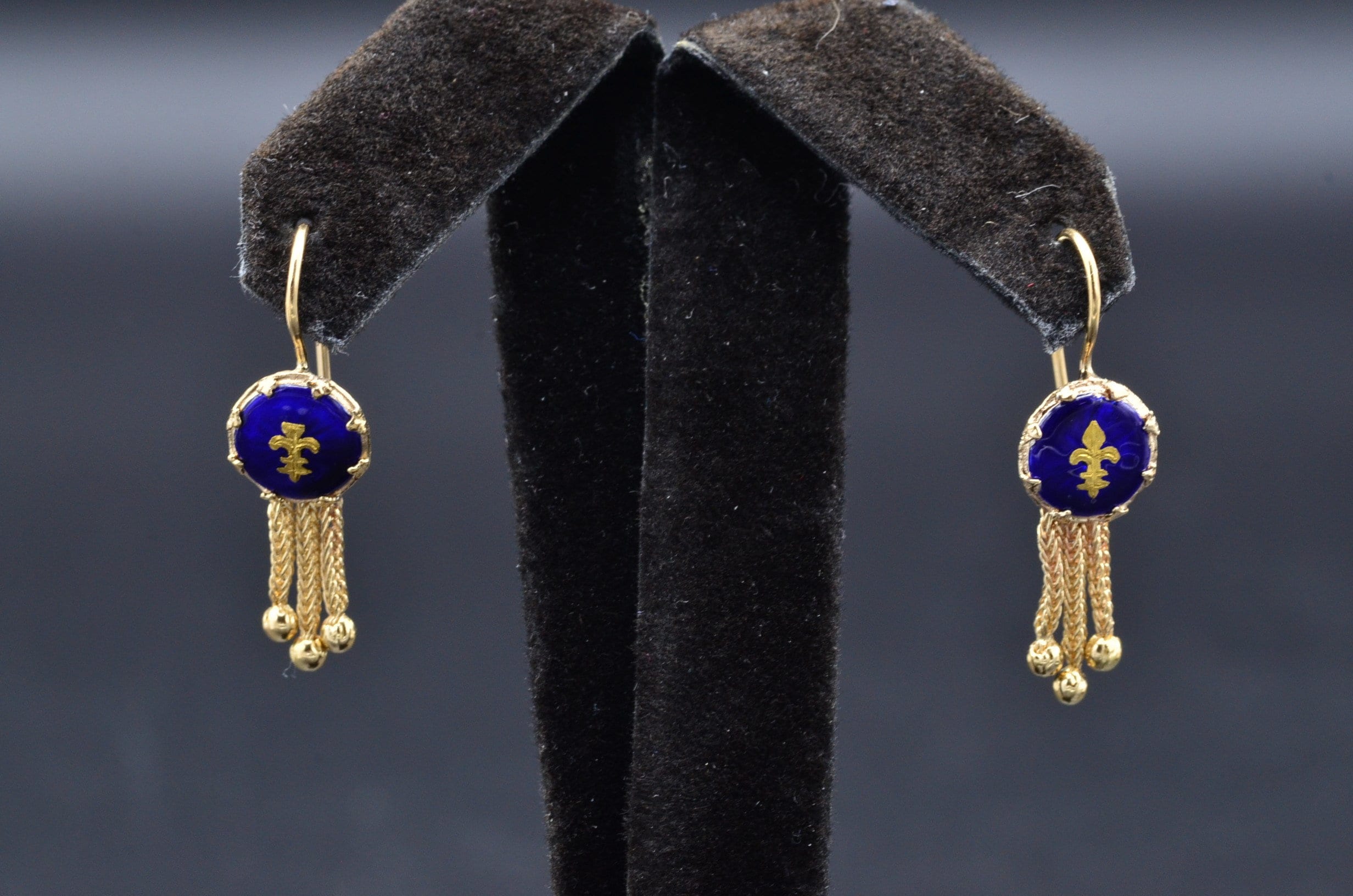 SOLD - The Rocheports: Ladies 14K Gold Enameled Fleur de Lis Tassel Earrings - Image 2