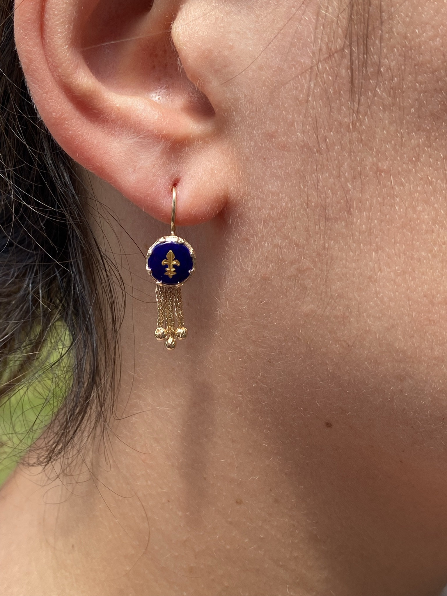 SOLD - The Rocheports: Ladies 14K Gold Enameled Fleur de Lis Tassel Earrings - Image 6