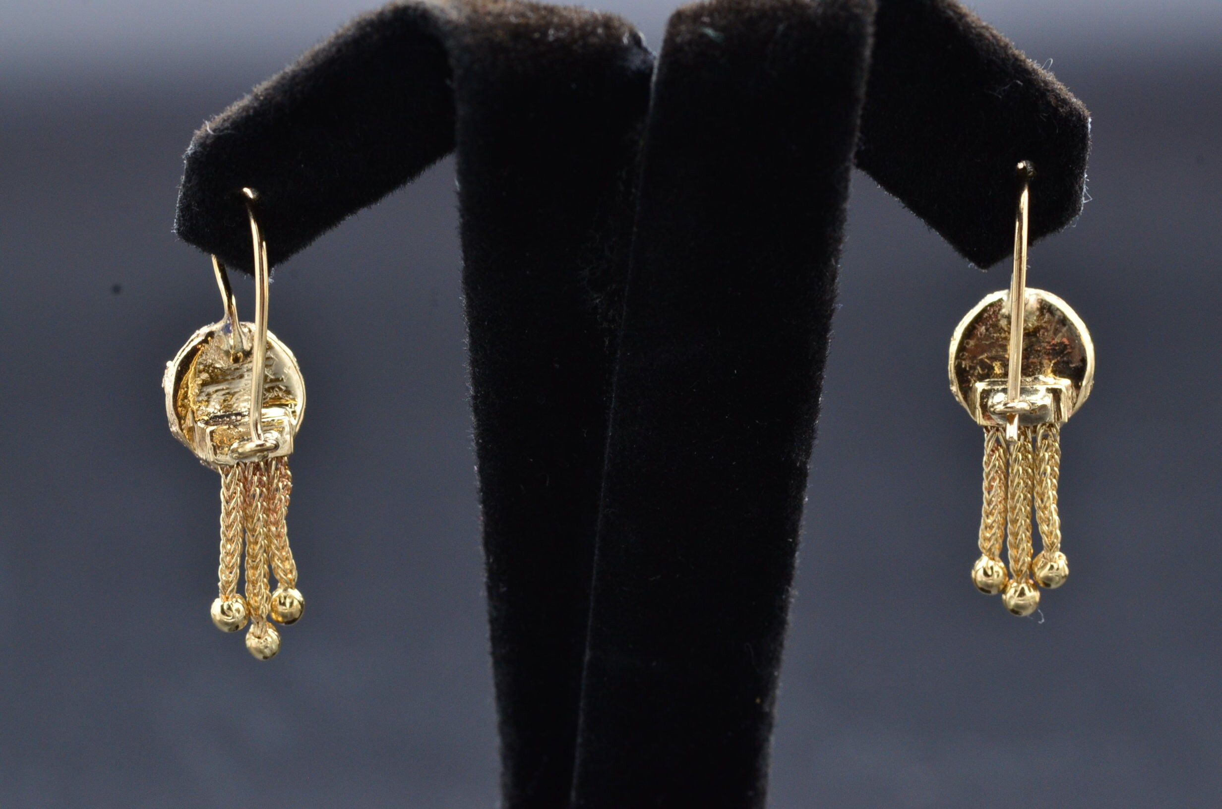 SOLD - The Rocheports: Ladies 14K Gold Enameled Fleur de Lis Tassel Earrings - Image 5