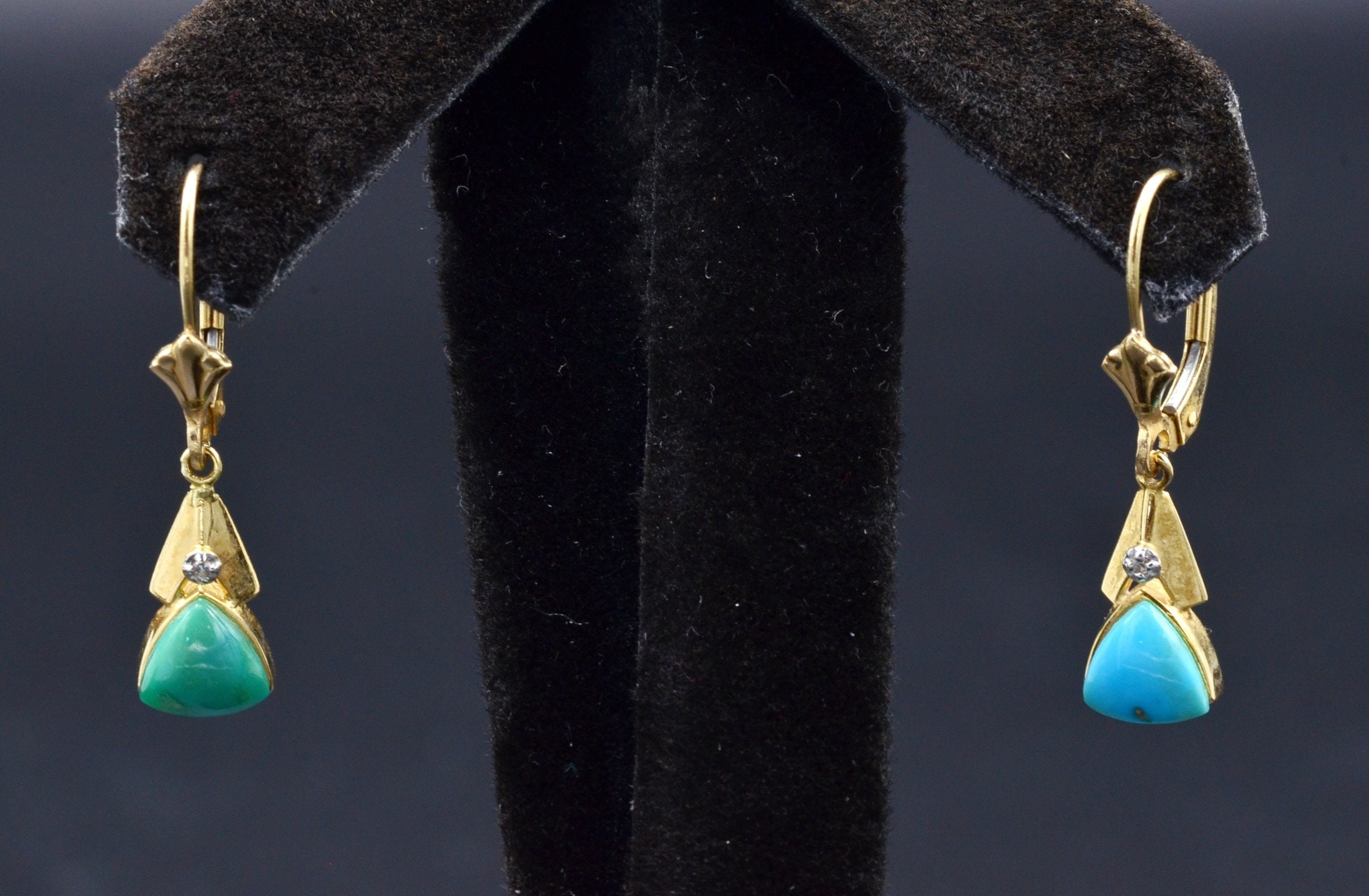 SOLD - The Milligans: Ladies Mexican Made 14K Turquoise and Diamond Dangler Earrings - Image 2