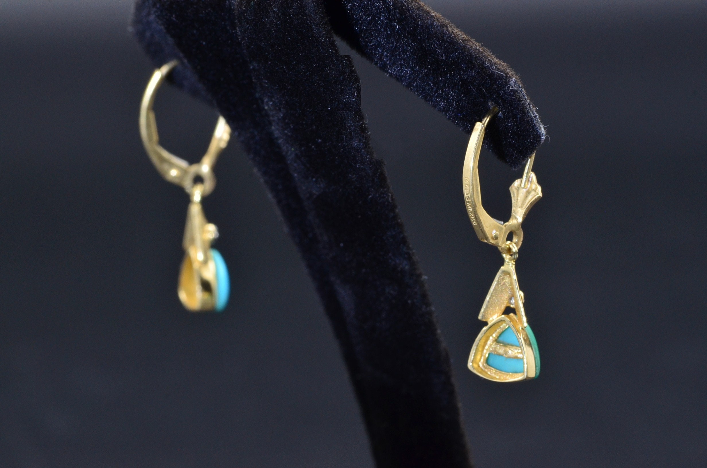 SOLD - The Milligans: Ladies Mexican Made 14K Turquoise and Diamond Dangler Earrings - Image 4