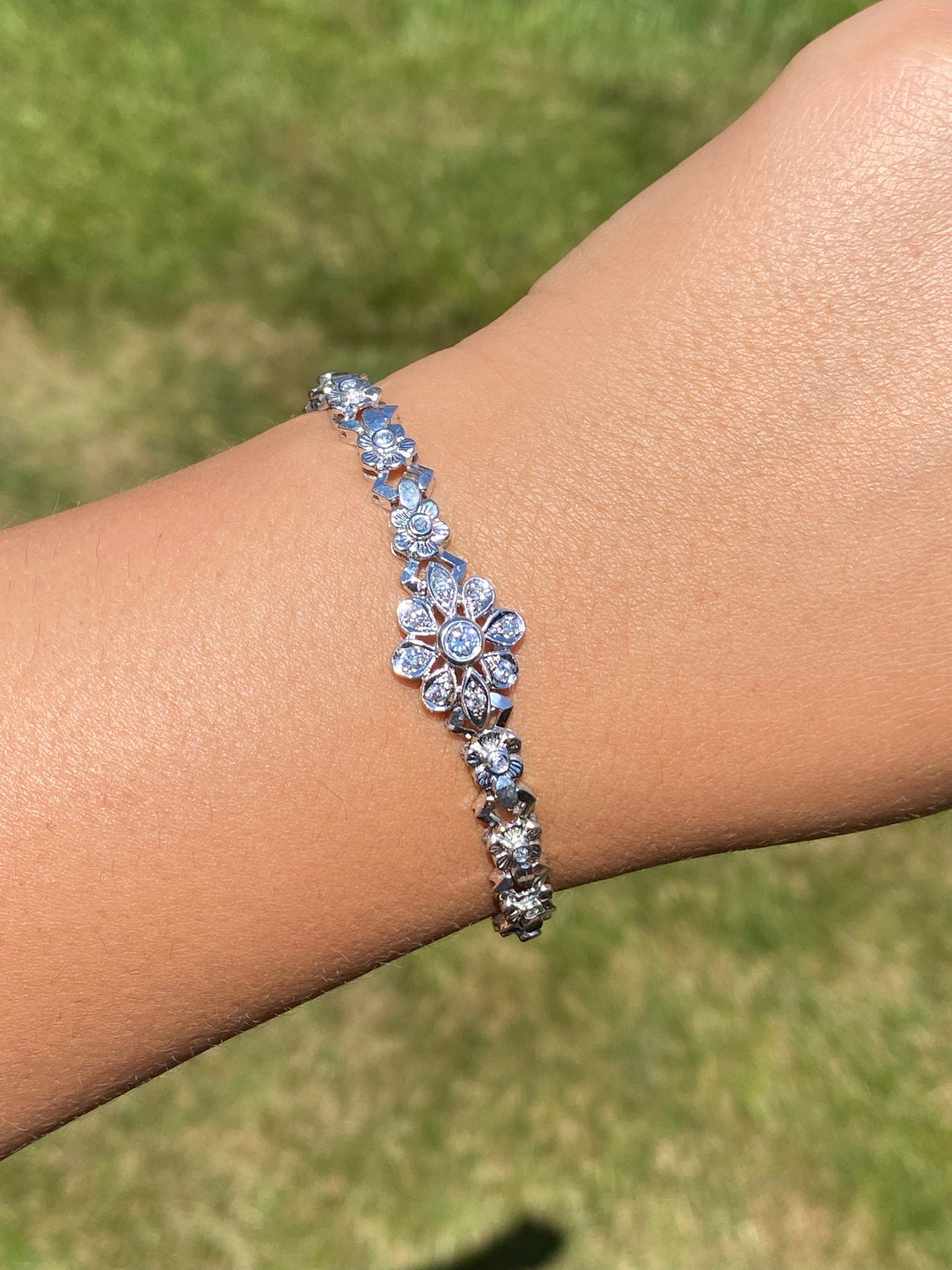 SOLD - The North Loop: Antique White Gold and Diamond Flower Bracelet - Image 4