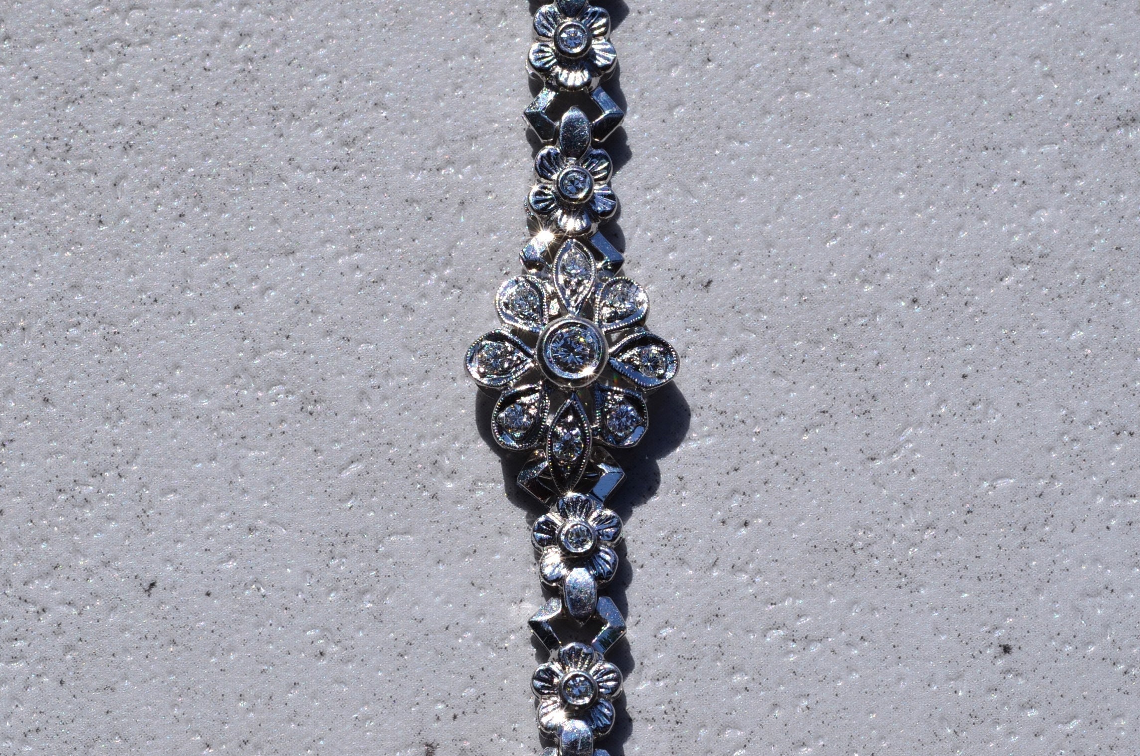 SOLD - The North Loop: Antique White Gold and Diamond Flower Bracelet - Image 2