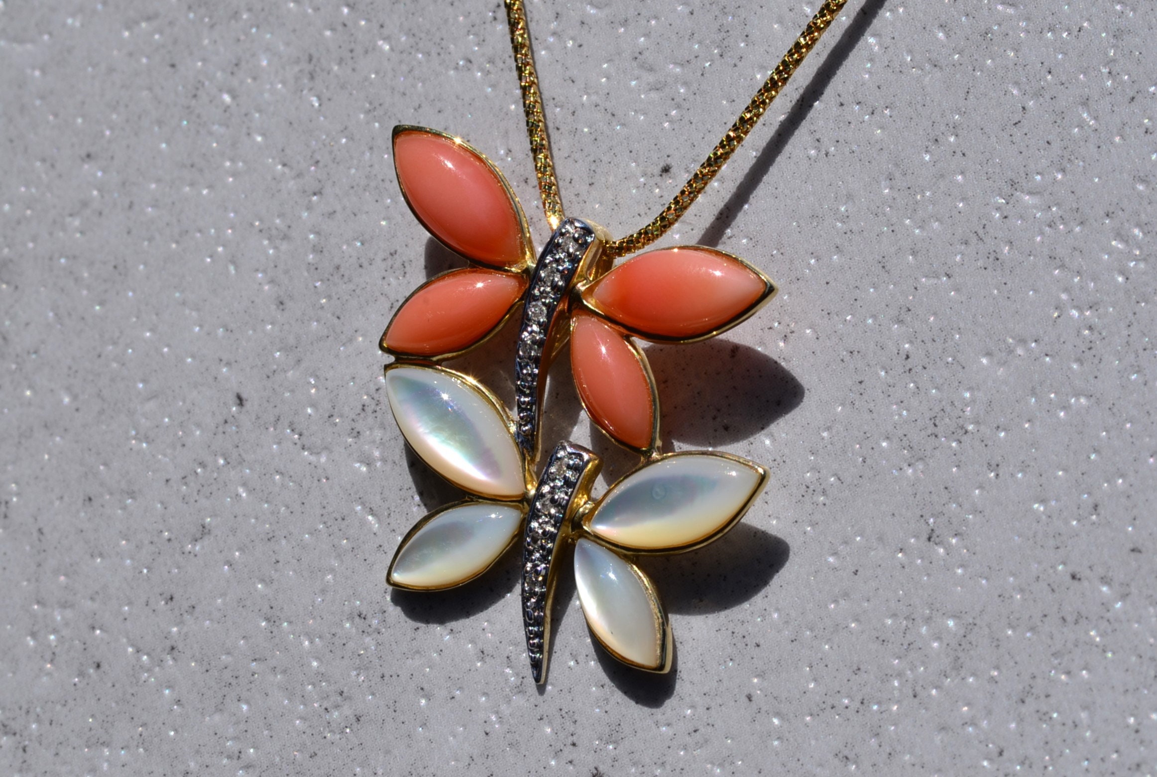 SOLD - The Dragonfly: Yellow Gold Coral and Mother of Pearl Dragonfly Necklace - Image 3