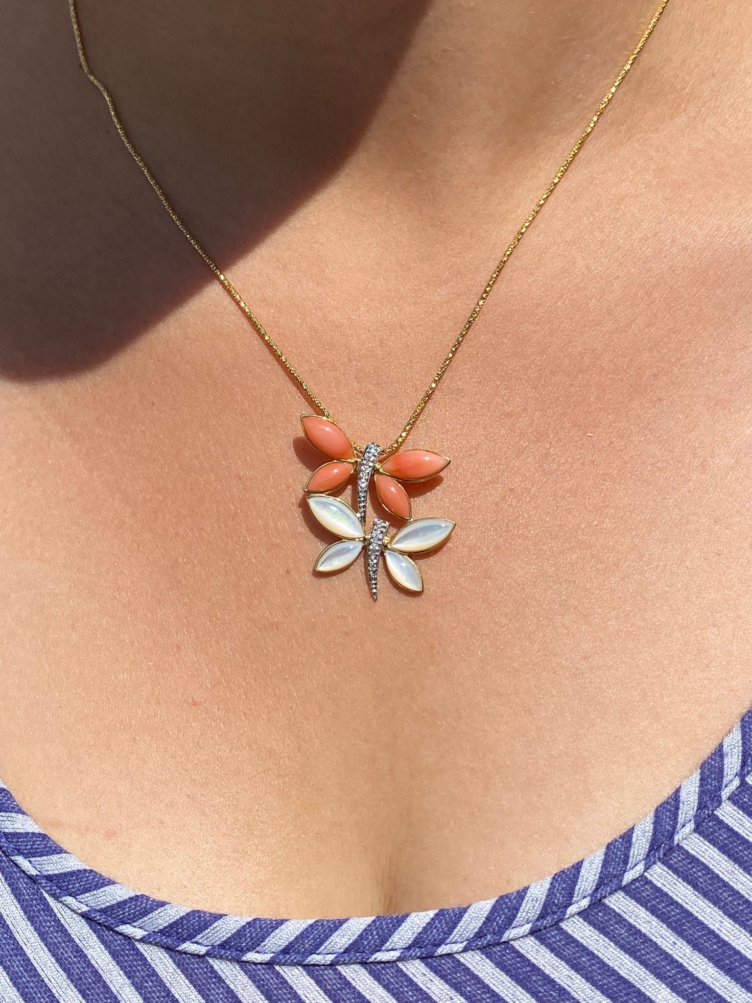 SOLD - The Dragonfly: Yellow Gold Coral and Mother of Pearl Dragonfly Necklace - Image 4