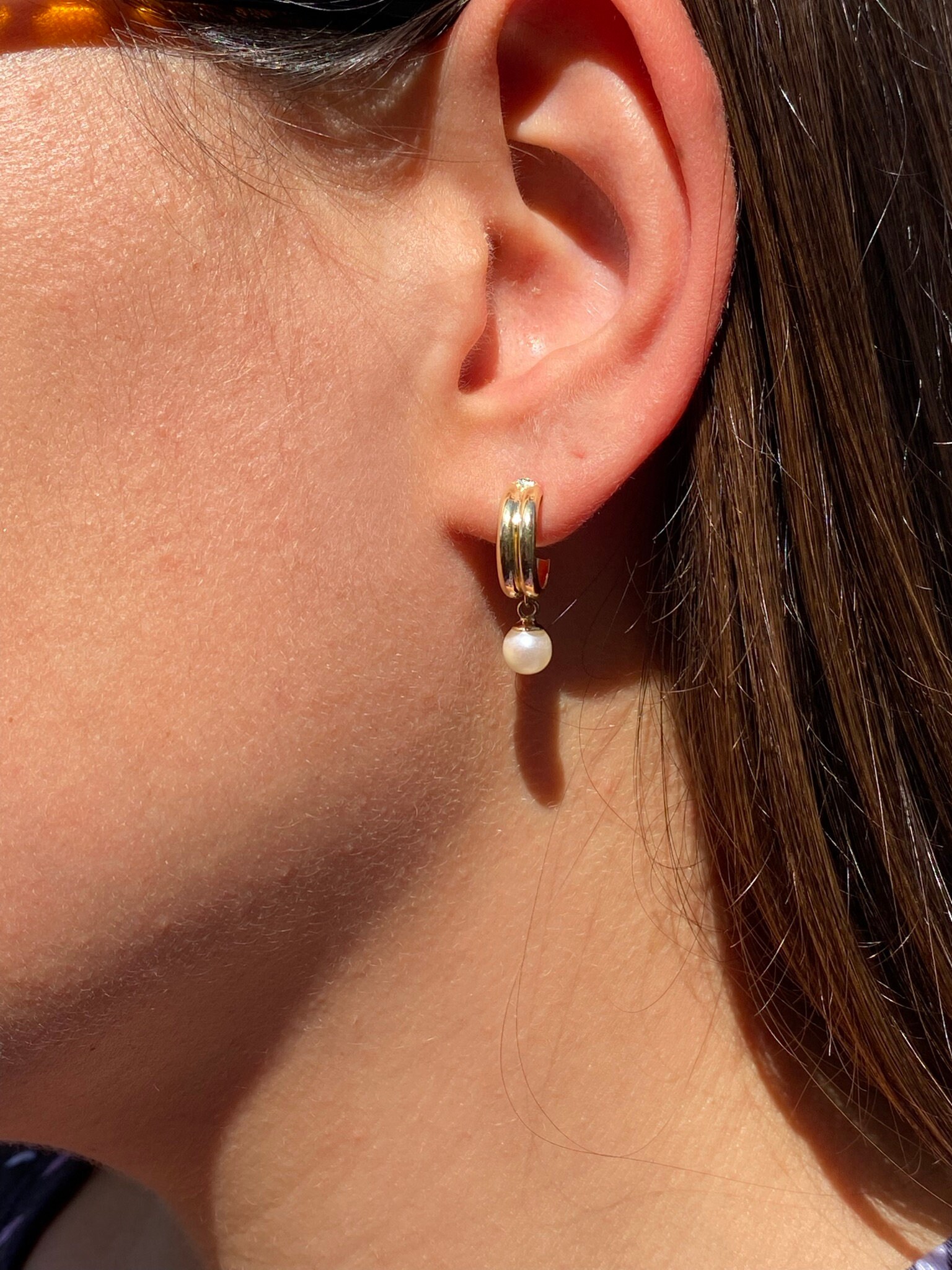 SOLD - The Pearlington: Yellow Gold Cerceau Earrings with Dangling Pearls - Image 5