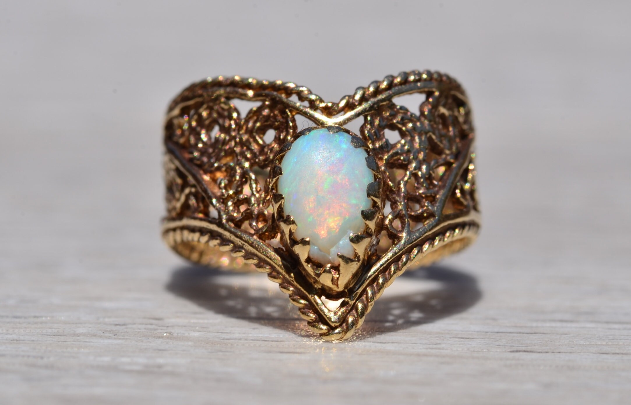 SOLD - The Alta Loma: Mid Century Australian Opal Filigree Ring - Image 7