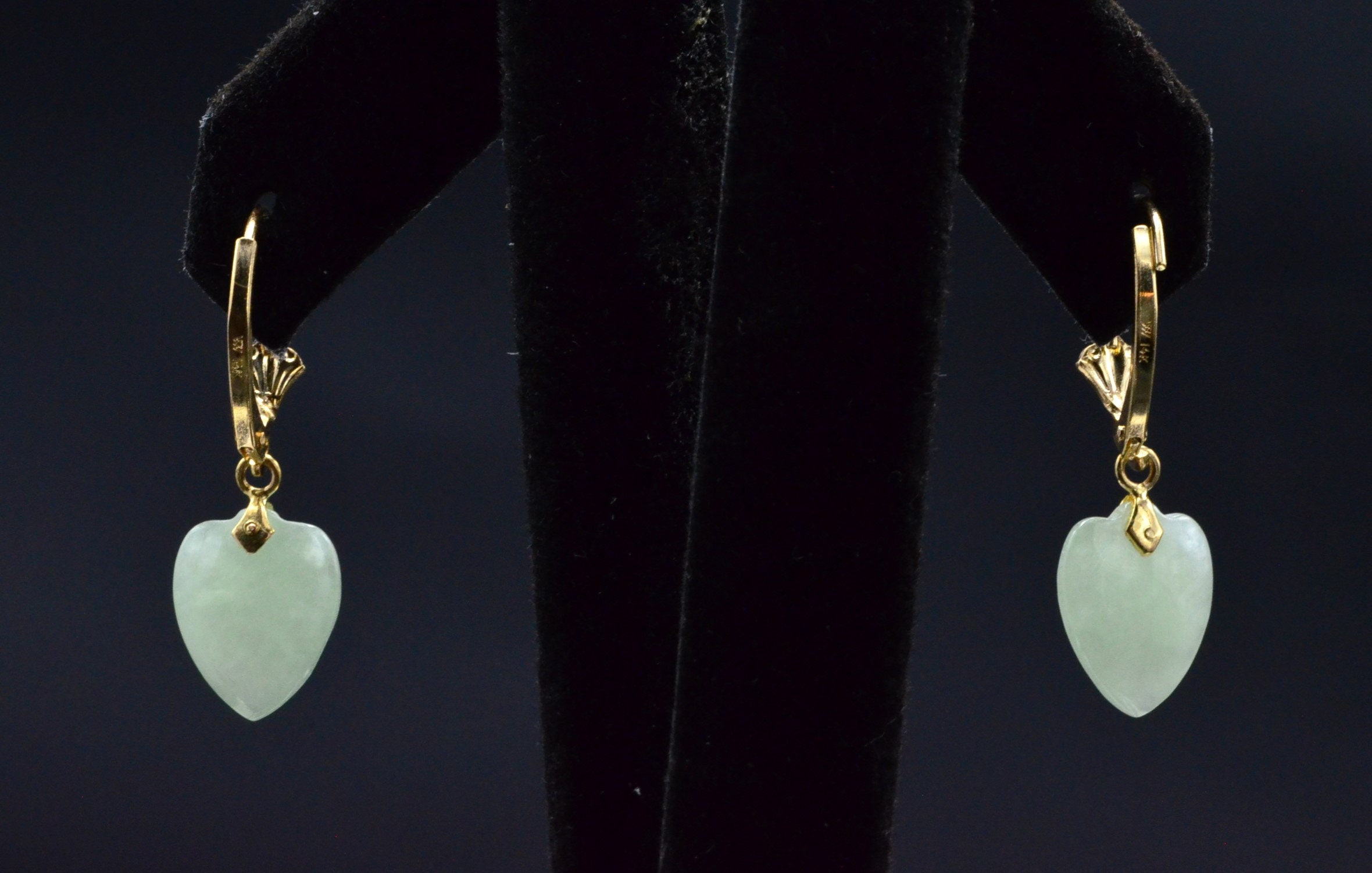 The Grand Bay: Yellow Gold Jade Heart Dangler Earrings - Image 4