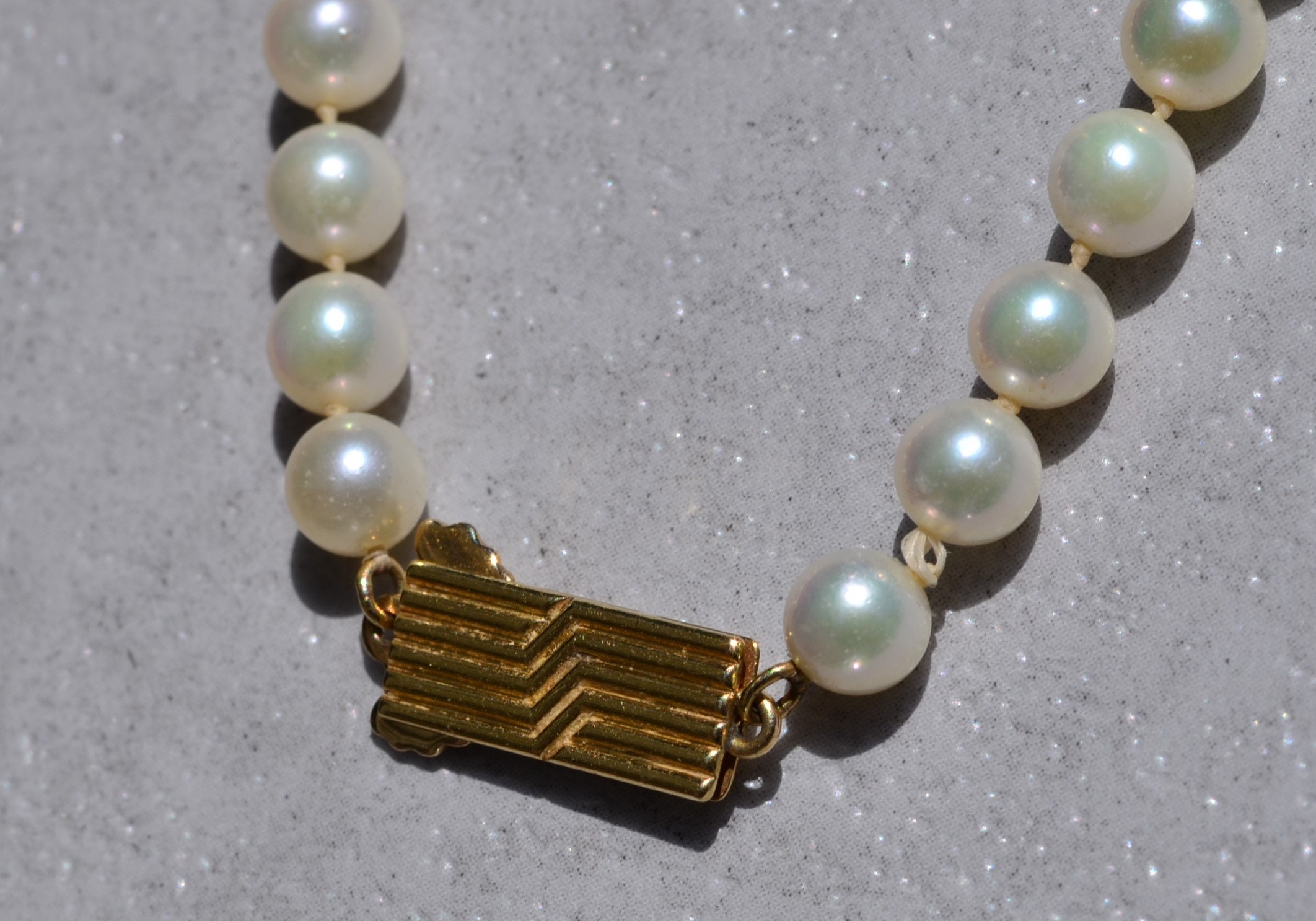 The Miki:  Mikimoto Pearl Strand with Yellow Gold Mid Century Clasp - Image 4
