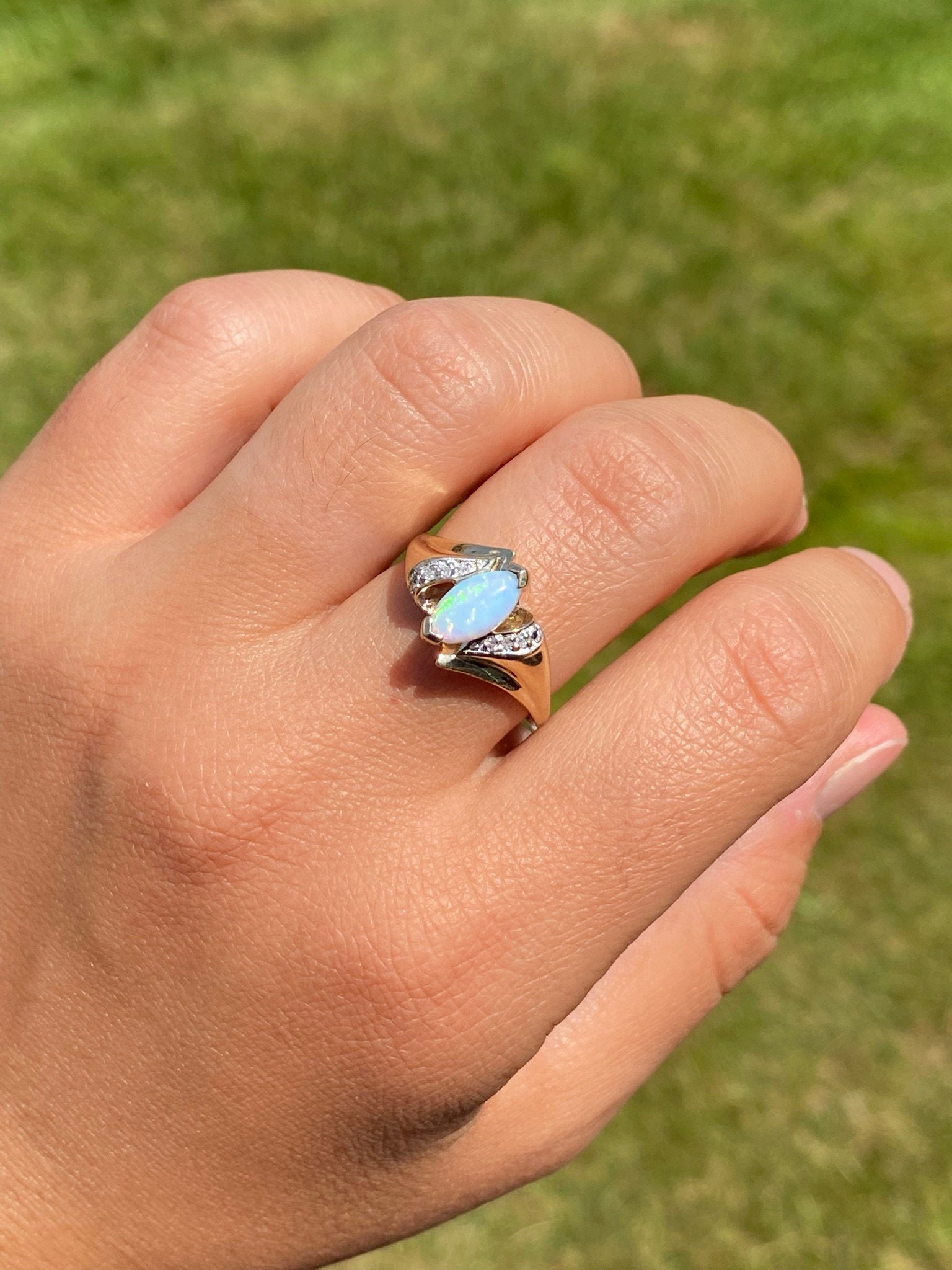 The Cortez: Navette Opal and Diamond Ring in Yellow Gold - Image 10