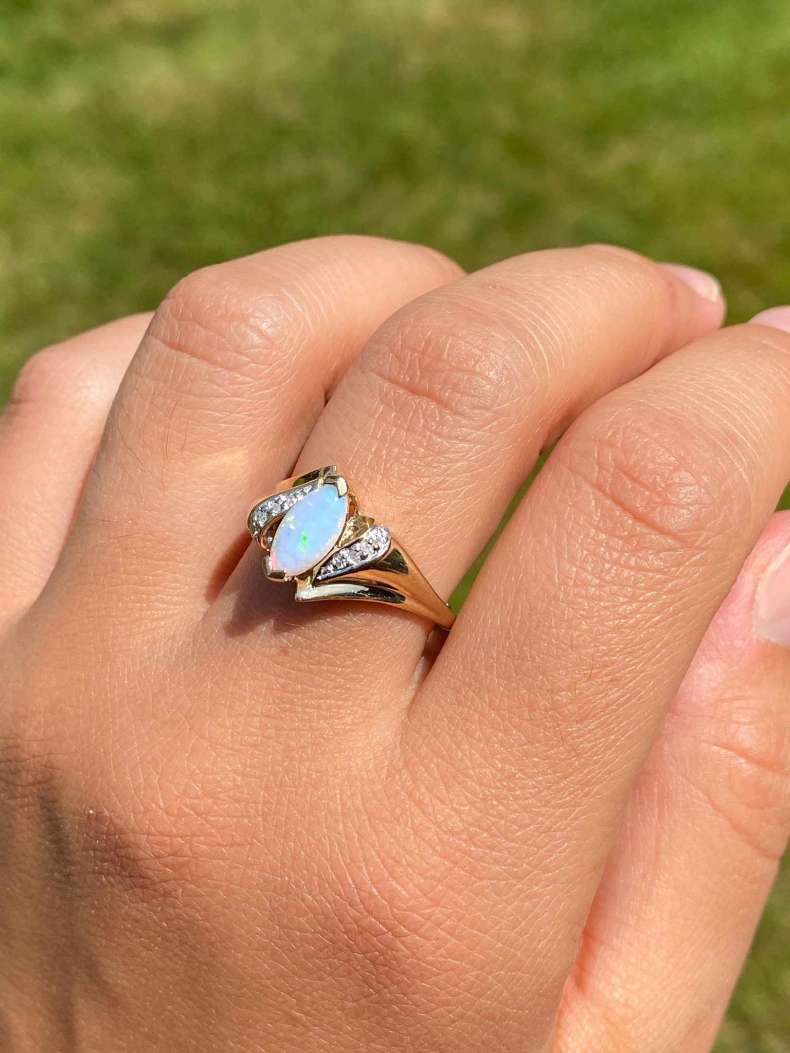 The Cortez: Navette Opal and Diamond Ring in Yellow Gold - Image 9
