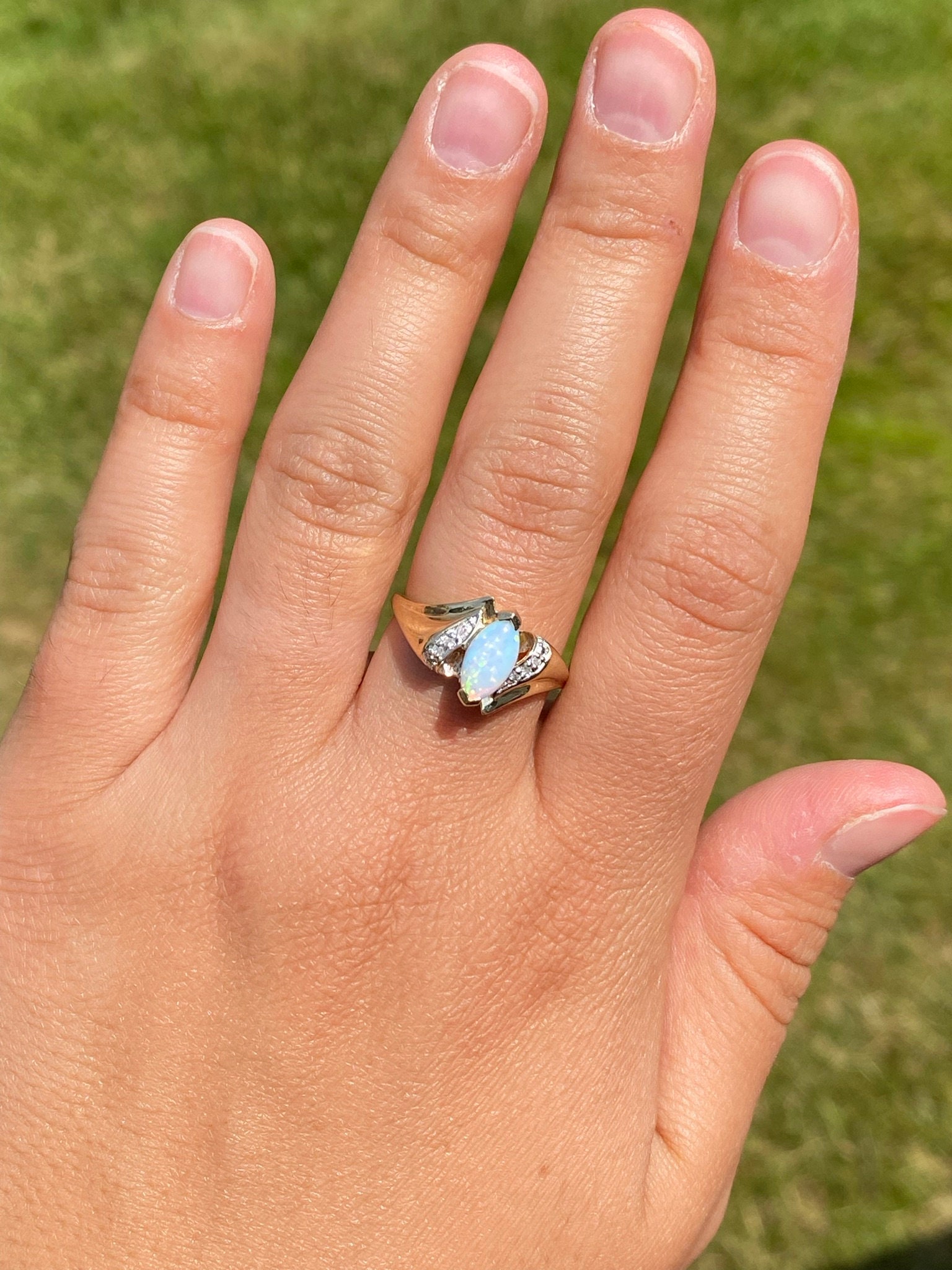The Cortez: Navette Opal and Diamond Ring in Yellow Gold - Image 8
