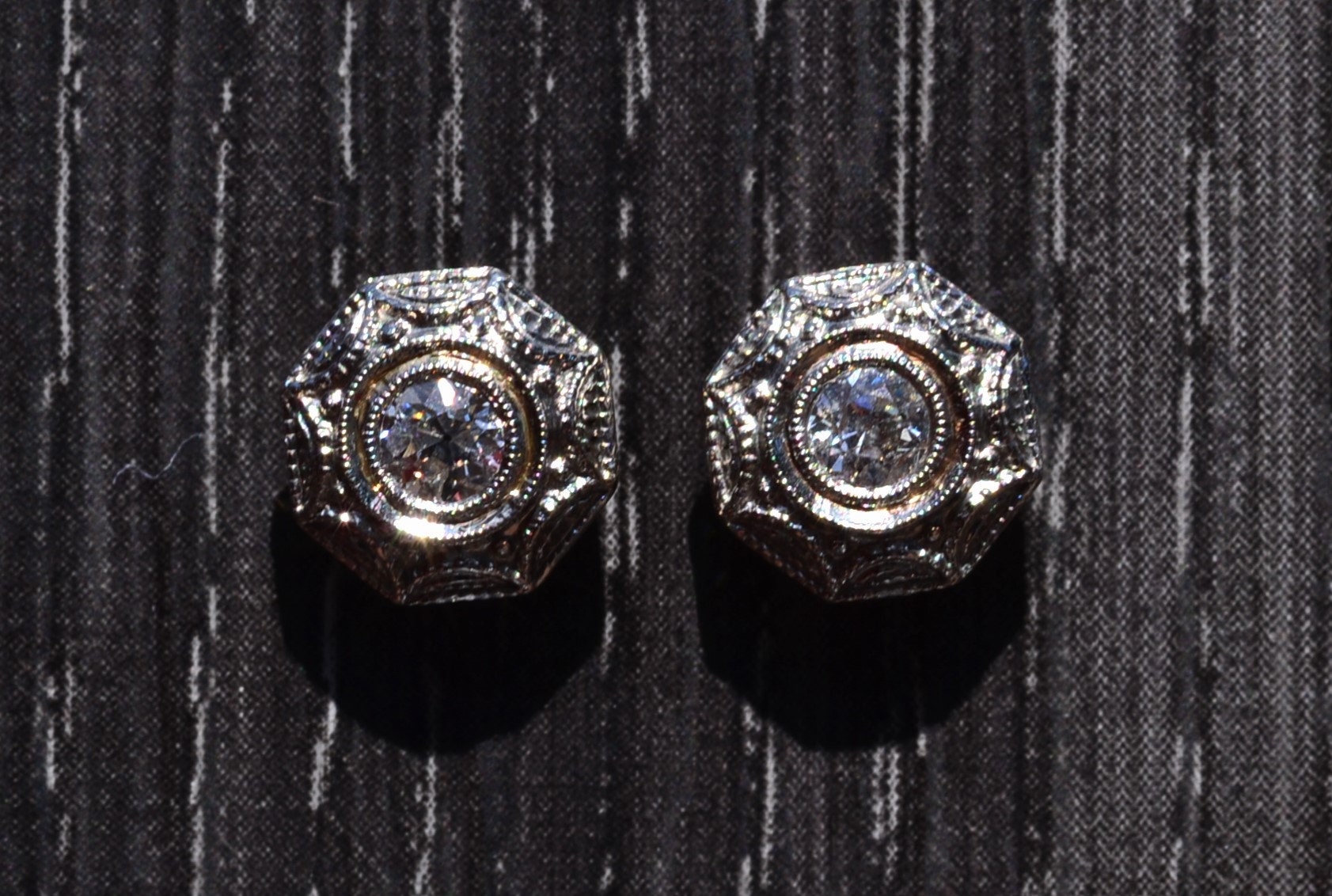 SOLD - The Kennedy: Antique Two Tone Natural Diamond Stud Earrings - Image 2