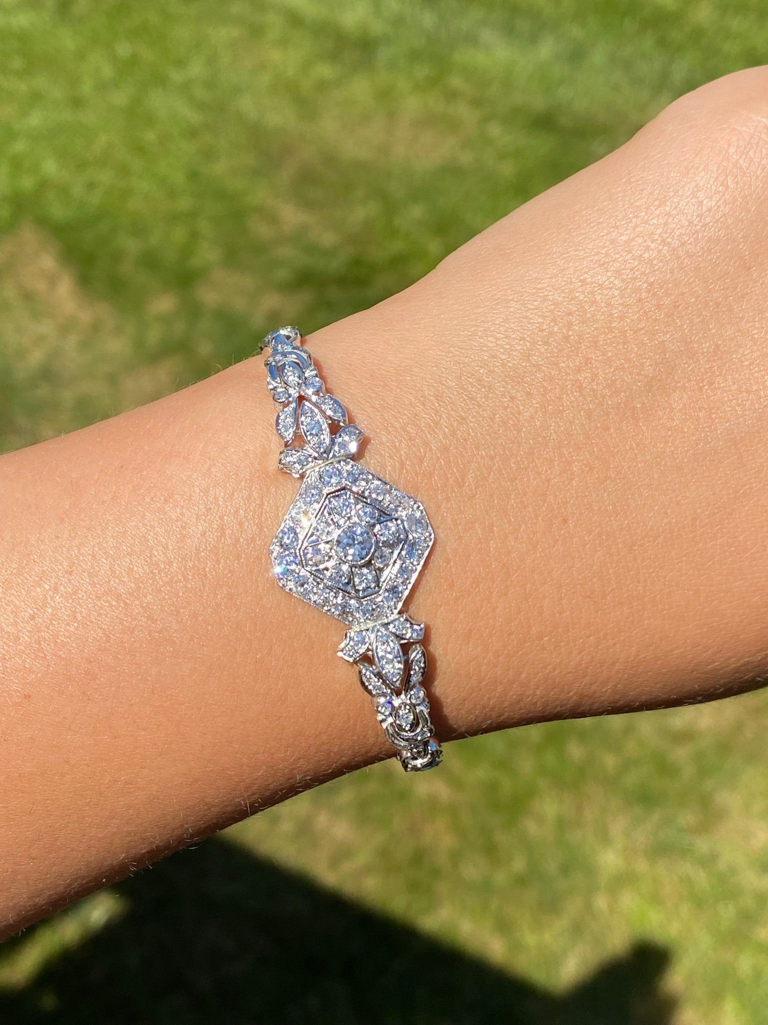 SOLD - The Ryer Island: Antique Platinum and White Gold Diamond Bracelet - Image 6
