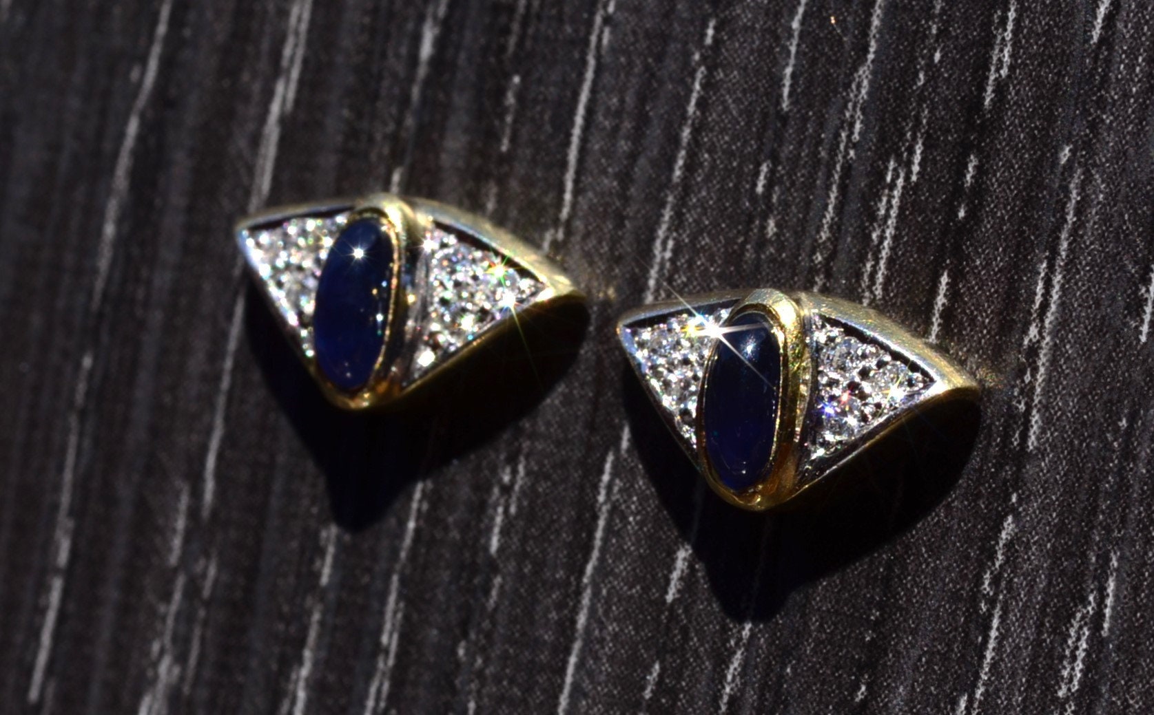 SOLD - The Blackhawks: Mid Century Yellow Gold Evil Eye Earrings with Sapphire and Diamonds - Image 3