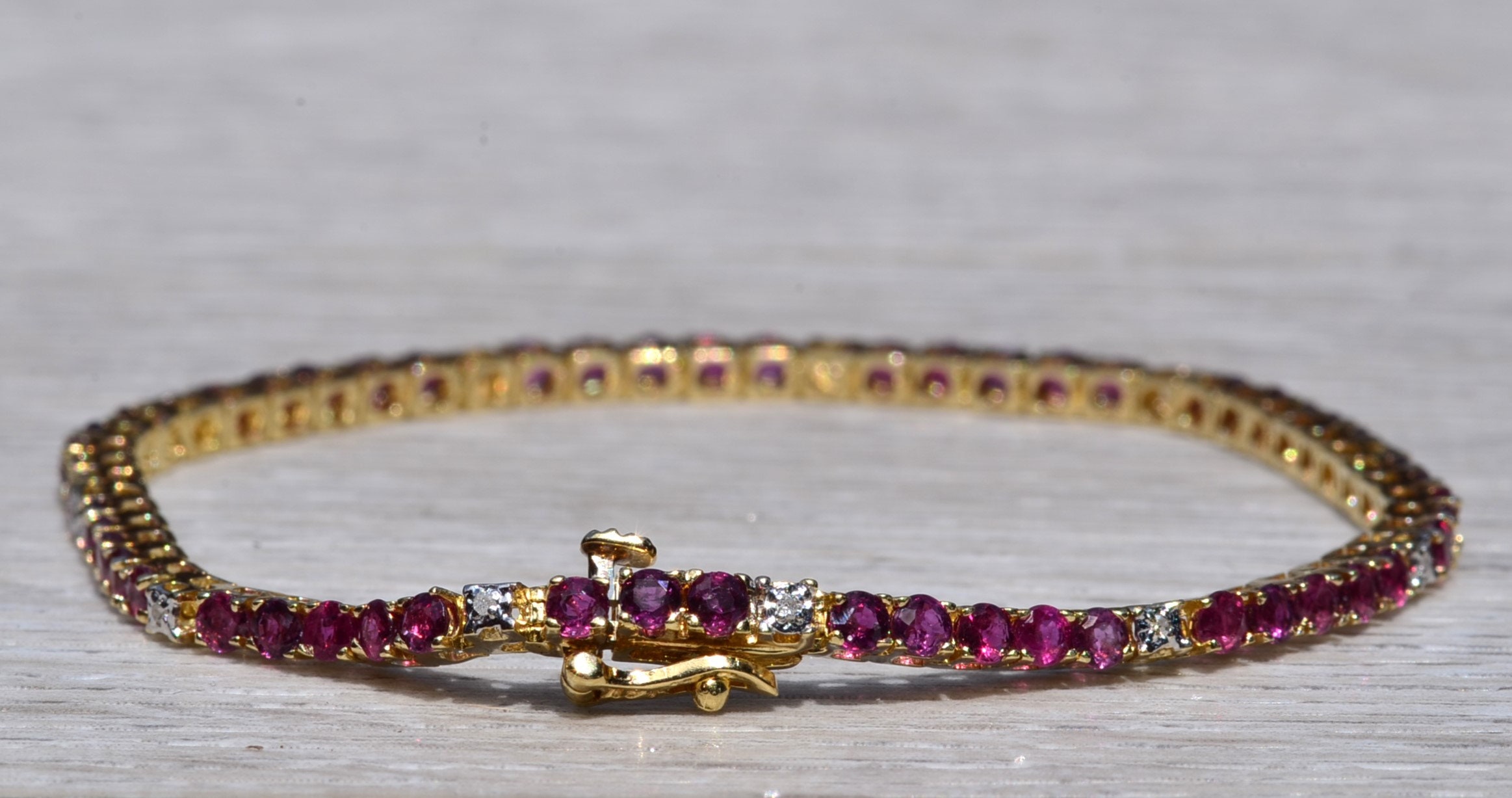 SOLD - The Tiburon: Natural Ruby and Diamond Tennis Bracelet in Yellow Gold - Image 3
