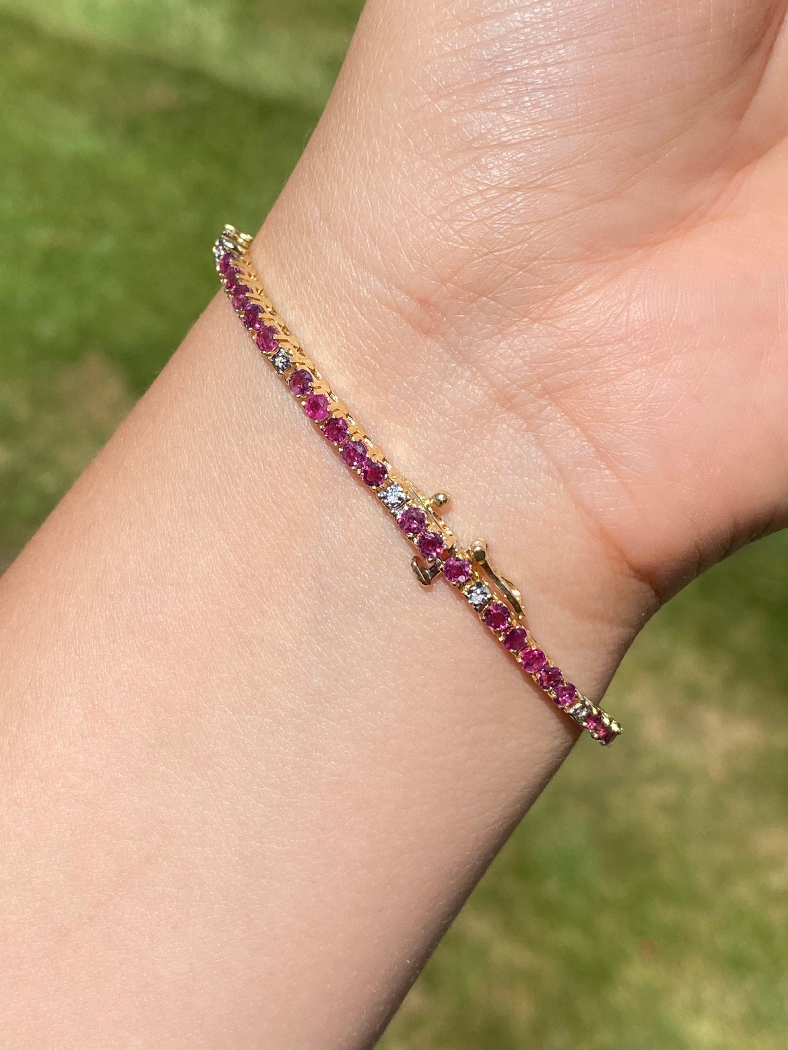 SOLD - The Tiburon: Natural Ruby and Diamond Tennis Bracelet in Yellow Gold - Image 5