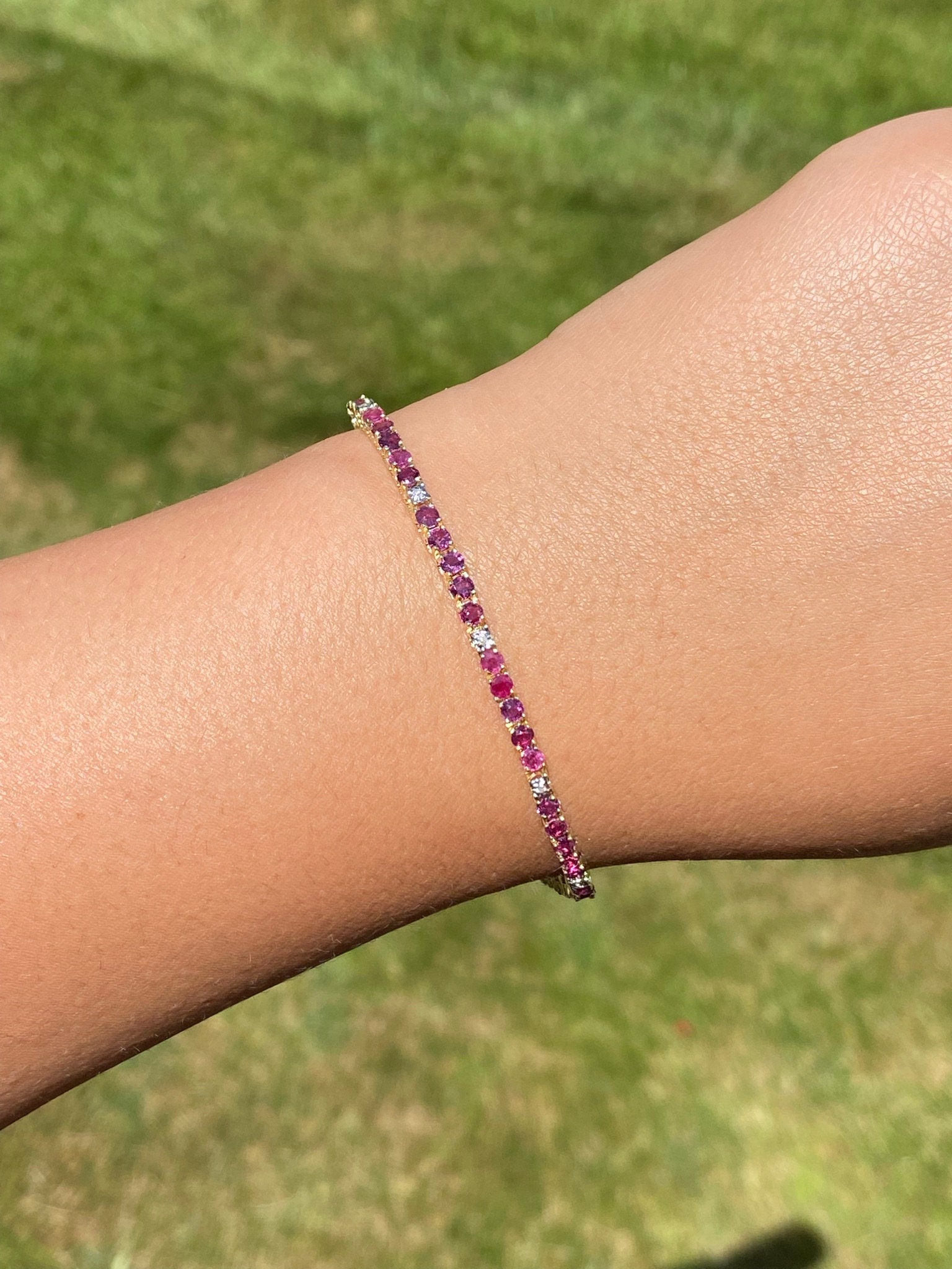 SOLD - The Tiburon: Natural Ruby and Diamond Tennis Bracelet in Yellow Gold - Image 6