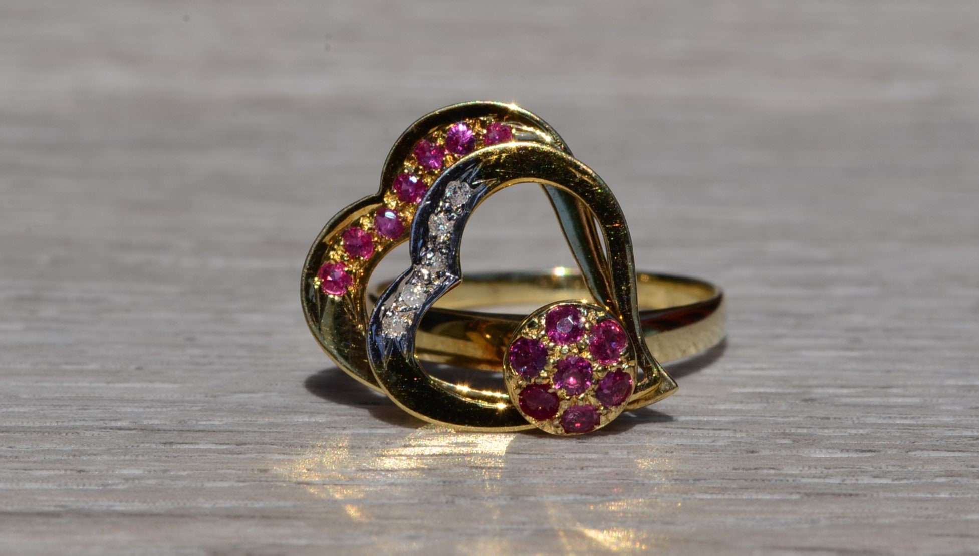SOLD - The Spin: Yellow Gold Ruby and Diamond Spinner Ring - Image 7
