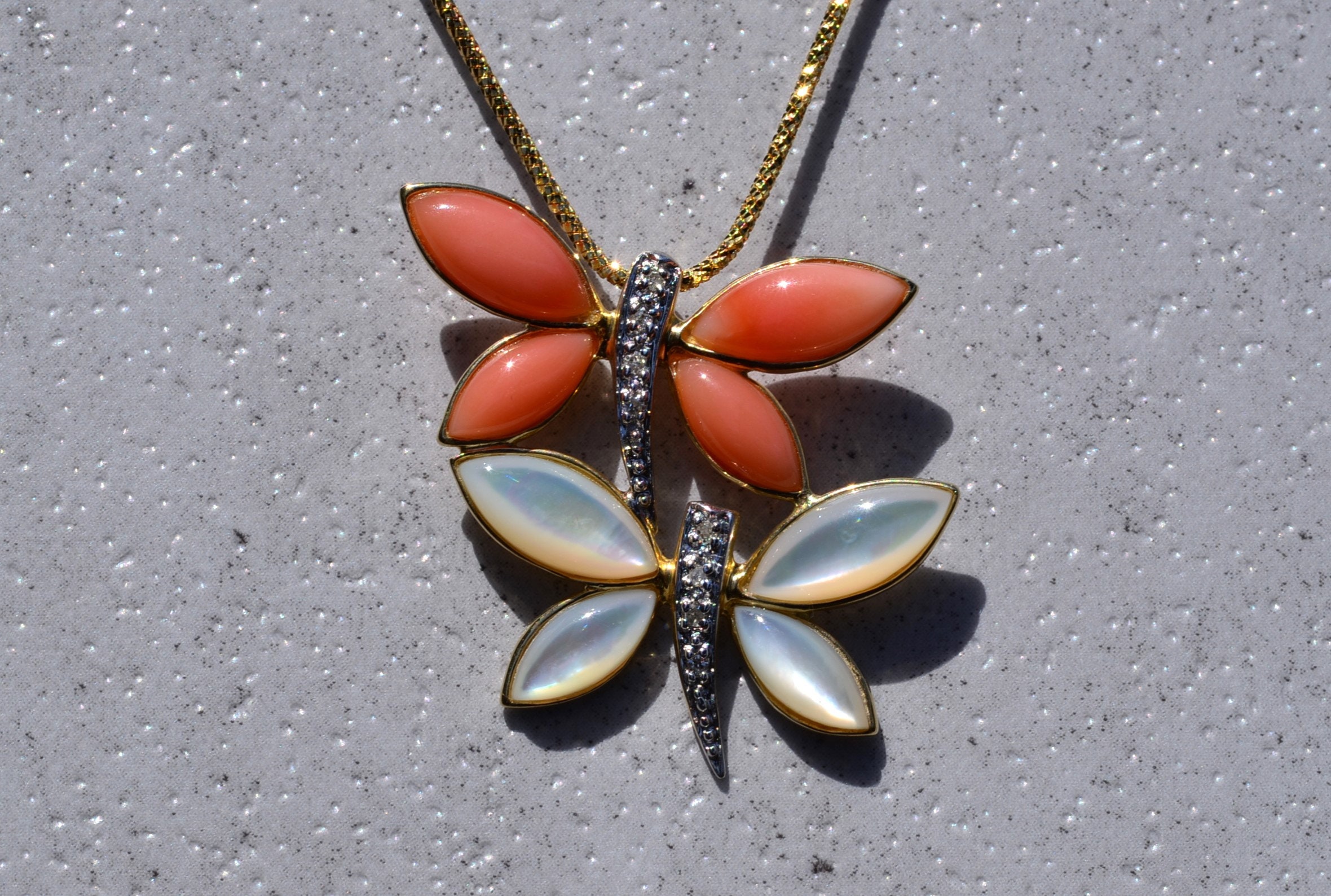SOLD - The Dragonfly: Yellow Gold Coral and Mother of Pearl Dragonfly Necklace - Image 2