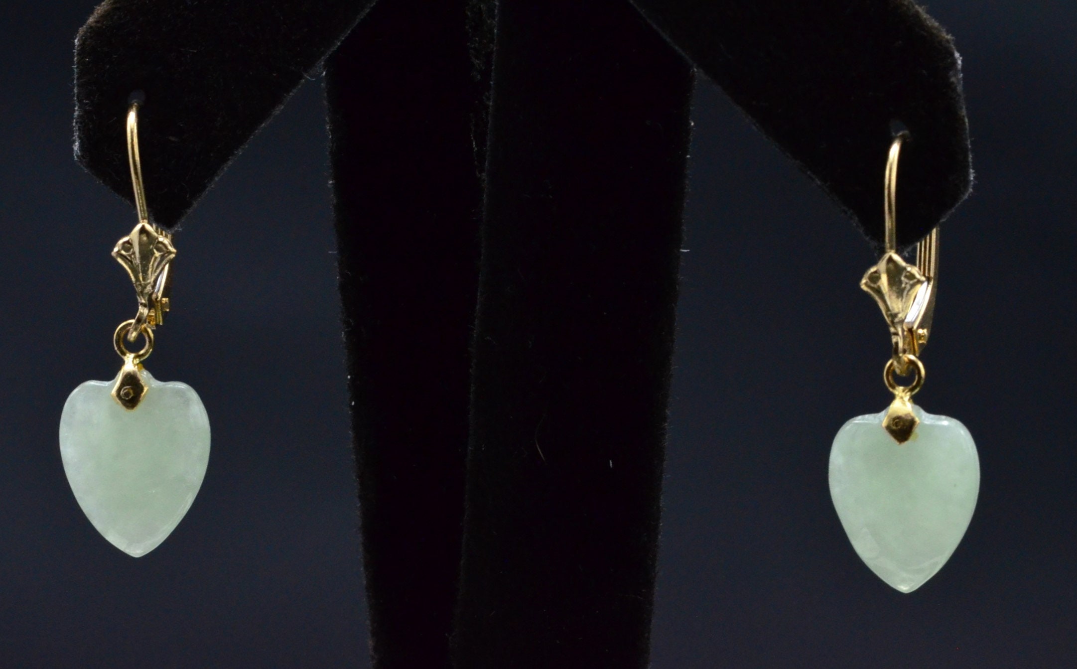 The Grand Bay: Yellow Gold Jade Heart Dangler Earrings - Image 2