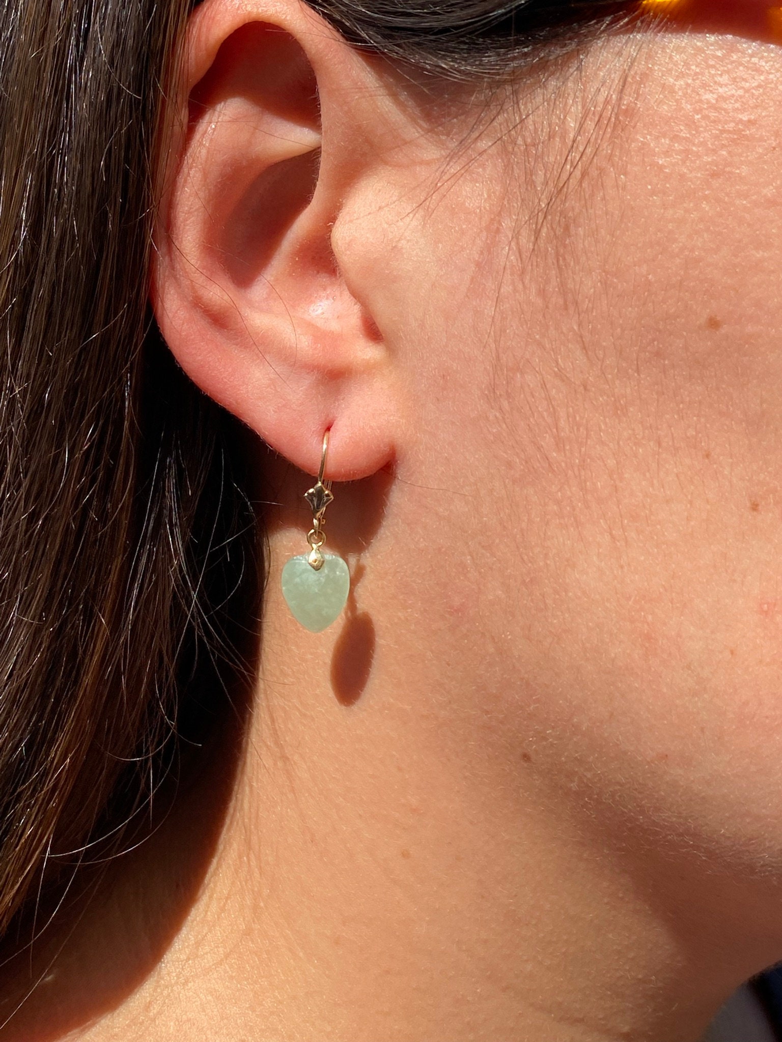 The Grand Bay: Yellow Gold Jade Heart Dangler Earrings - Image 5