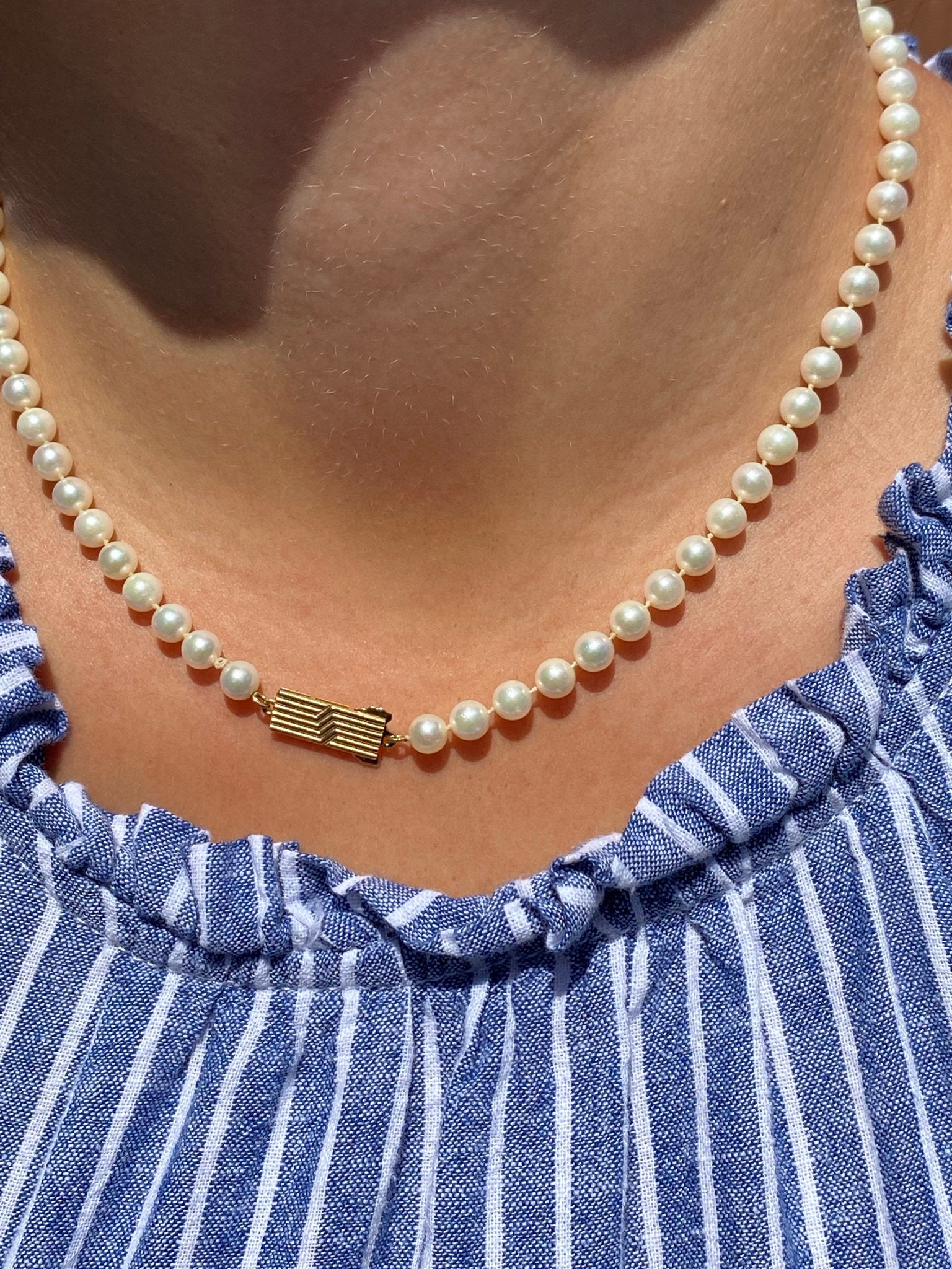 The Miki:  Mikimoto Pearl Strand with Yellow Gold Mid Century Clasp - Image 5