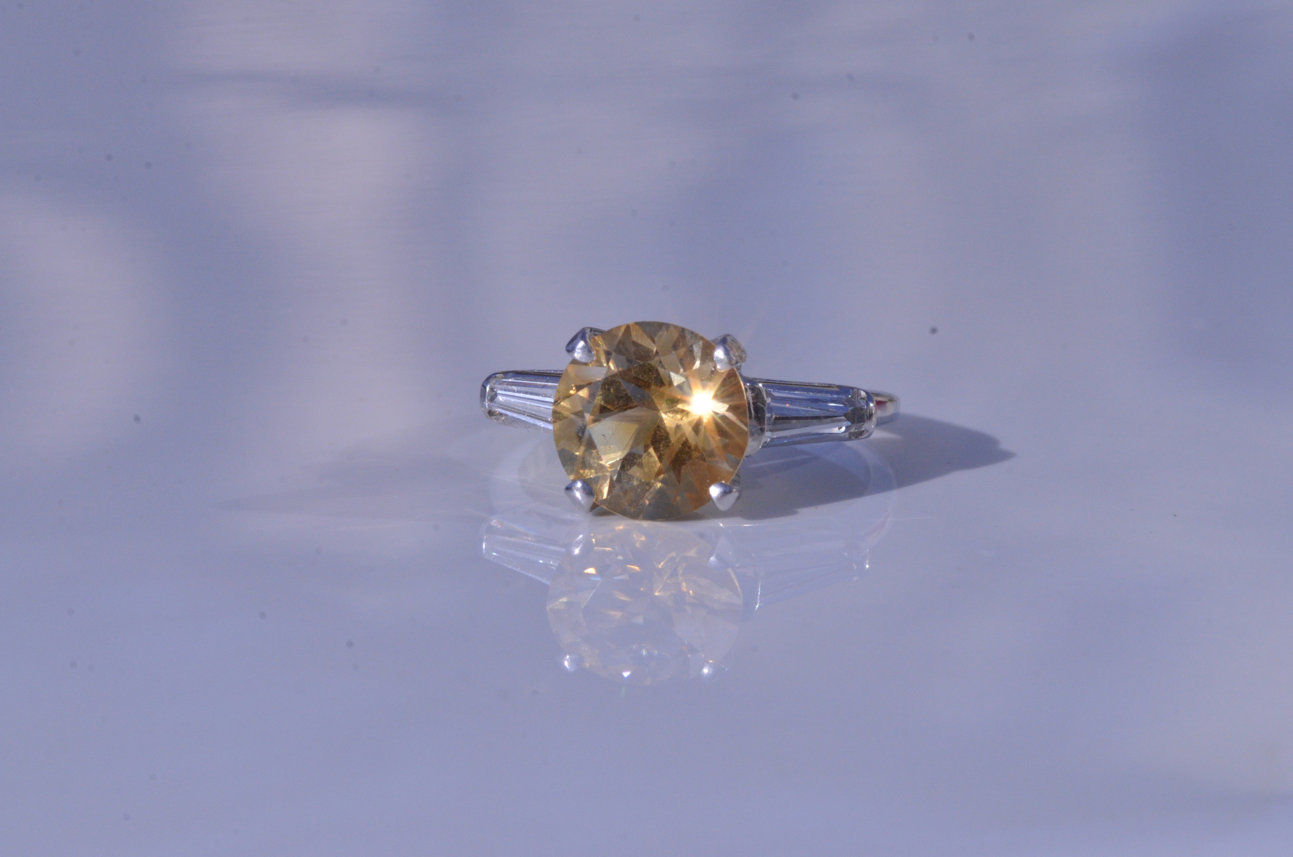 SOLD - The Napa: Citrine Engagement Ring In Platinum with Tapered Baguette Side Diamonds