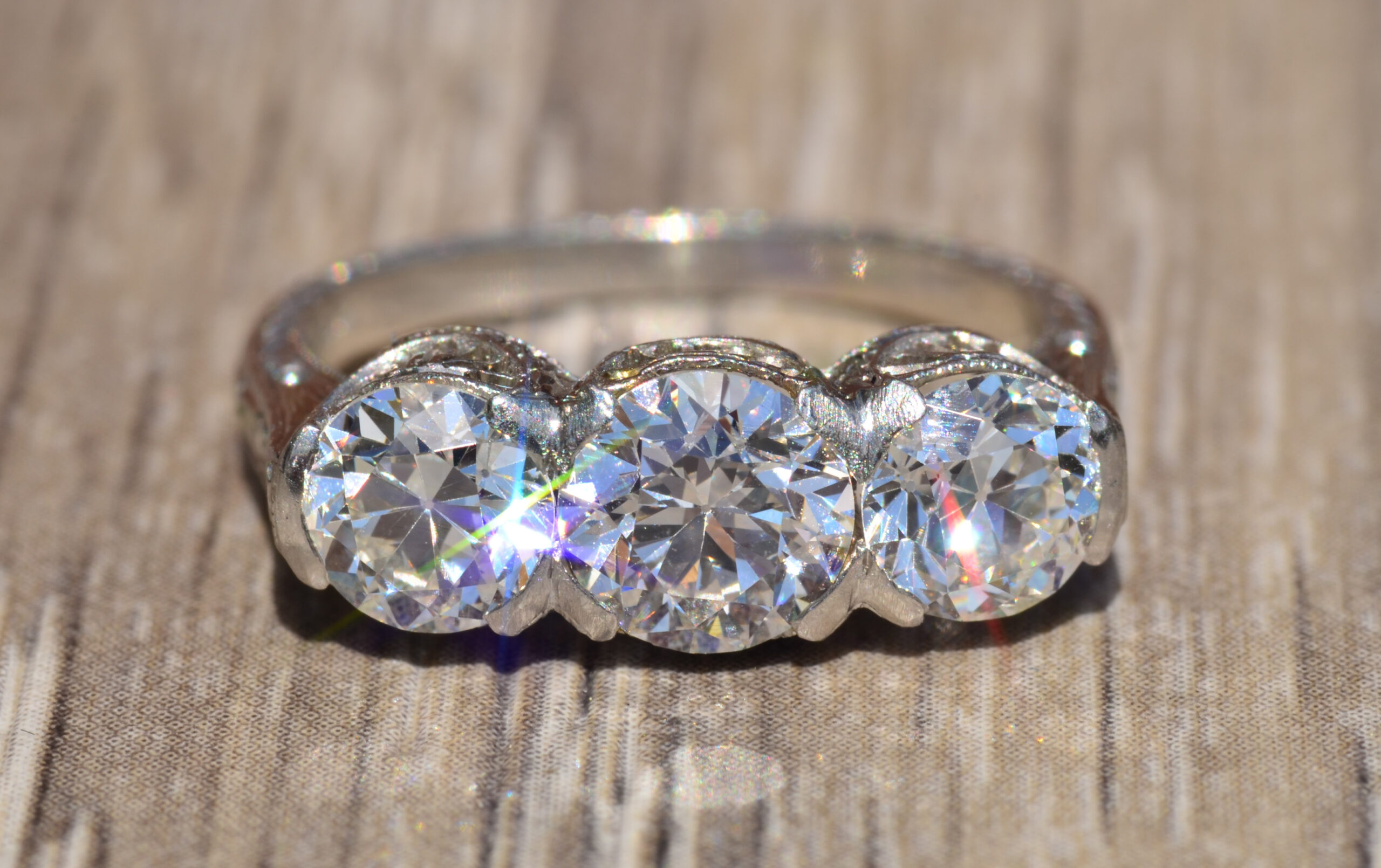 SOLD - The Daffodil: Antique Platinum Edwardian Three Stone Engagement Ring