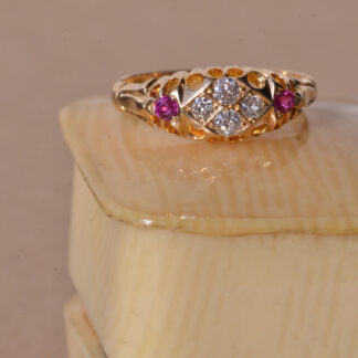 SOLD - The Anillo: Antique Edwardian Scottish Ring set with Four Old Mine Cut Diamonds & Old Mine Cut Burma Rubies