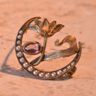 SOLD - Antique Yellow Gold Filled Horseshoe and Floral Brooch set with Seed Pearls and Amethyst