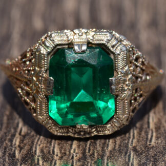 SOLD - The Portola:  Elaborate White Gold Filigree Ring with Lab Grown Emerald