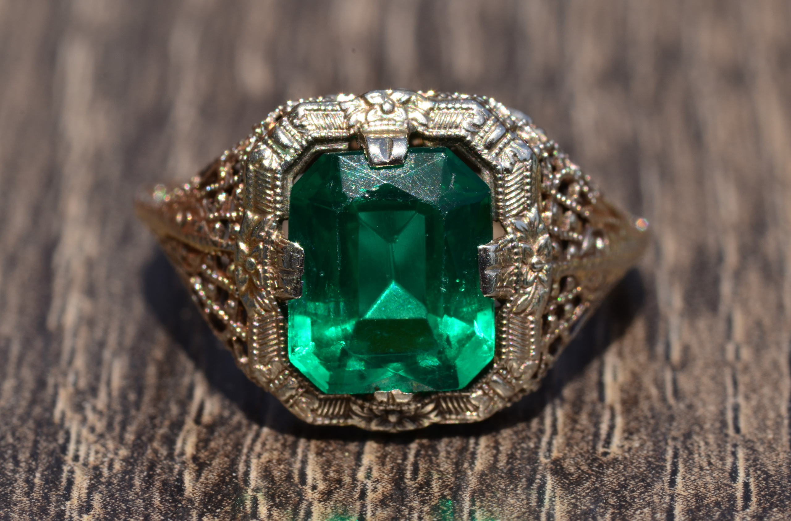 SOLD - The Portola: Elaborate White Gold Filigree Ring with Lab Grown Emerald