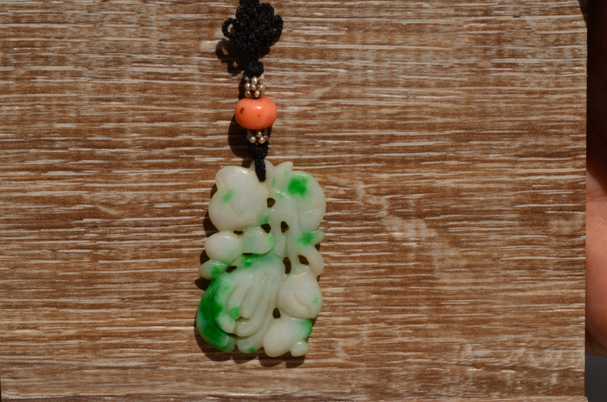 SOLD: The Suava: Moss in Snow Jadeite, Seed Pearl, and Coral Necklace on Cord