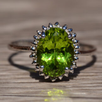 SOLD - The Valdosta:  White Gold Peridot Halo Ring