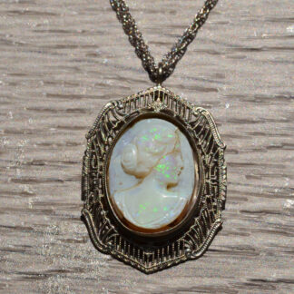 SOLD - The Dama:  Carved Opal Cameo in White Gold Filigree Frame